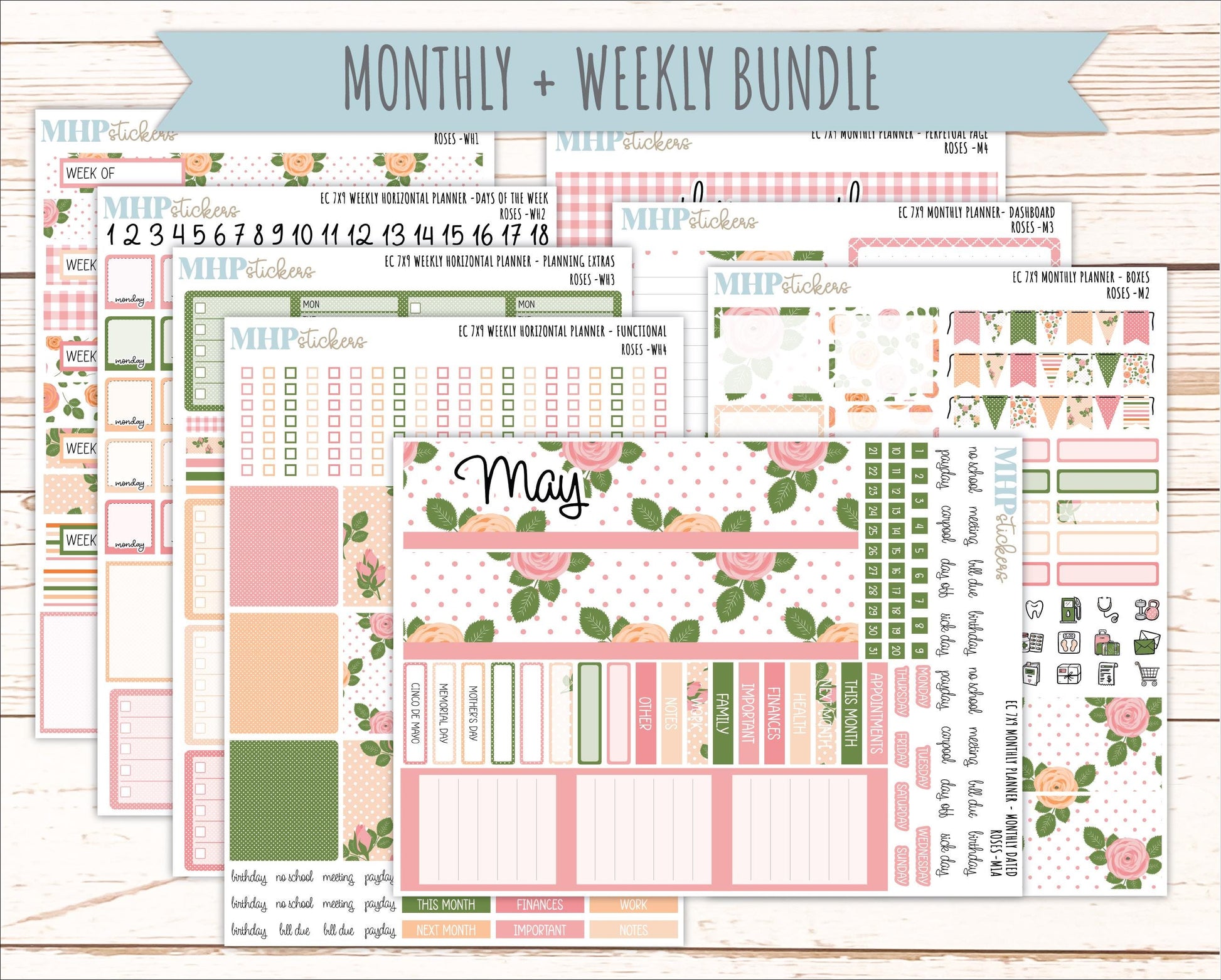 MAY Weekly Horizontal Planning Kit for 7x9 Erin Condren Planners. 2026 Collection "Roses" || ECWH