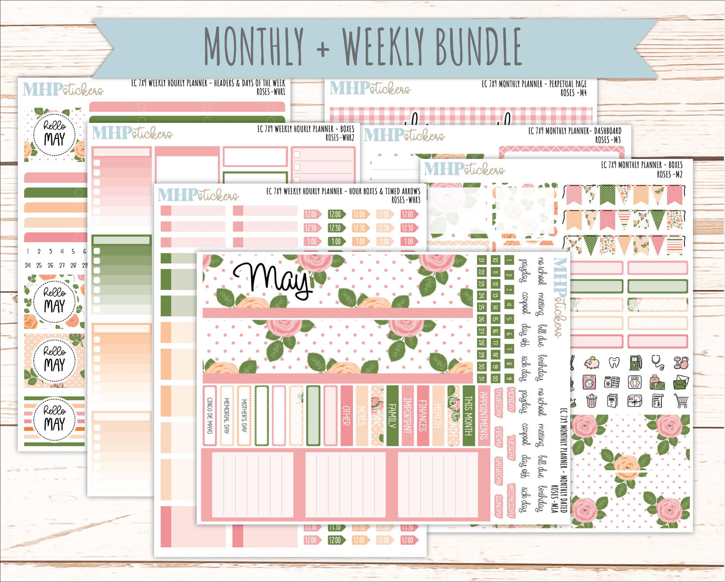 MAY Weekly Hourly Planning Kits for 7x9 Erin Condren Planners. 2026 Collection "Roses" || ECWHR