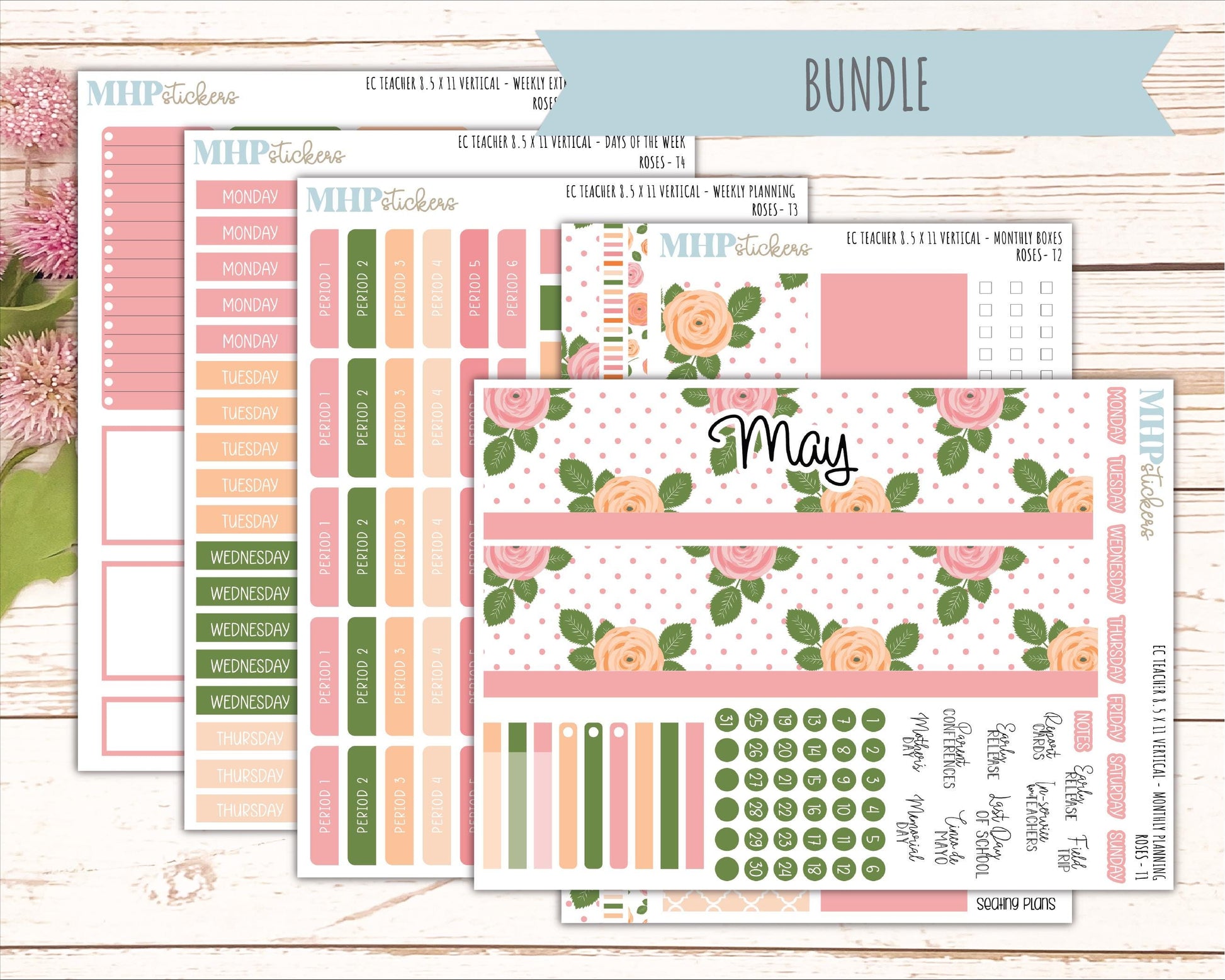 MAY Stickers for EC Teacher Lesson Planner - Vertical Layout. 2026 Collection "Roses" || ECTV