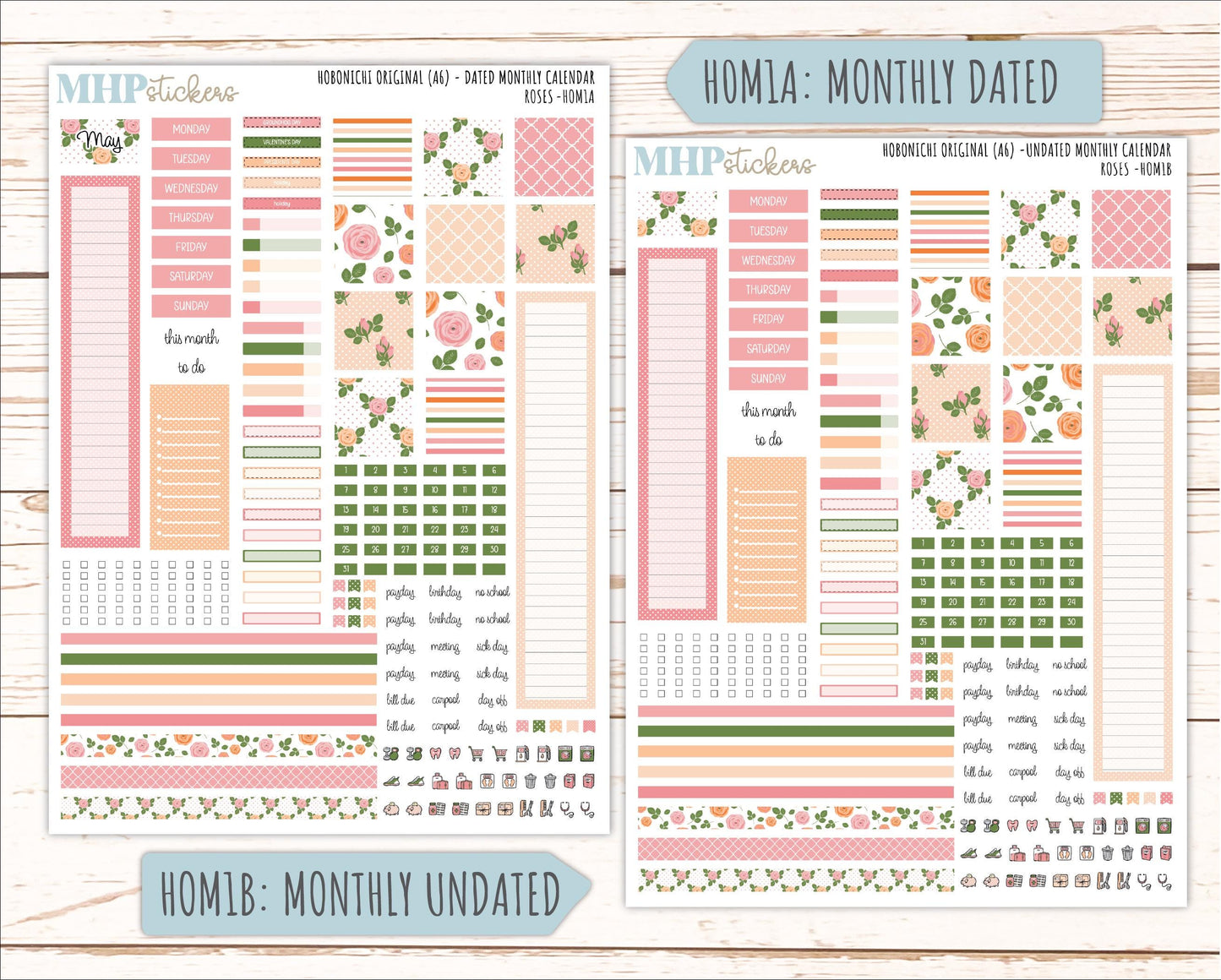 MAY 2026 Stickers for Hobonichi Techo Original. A6 Planners "Roses" || HO