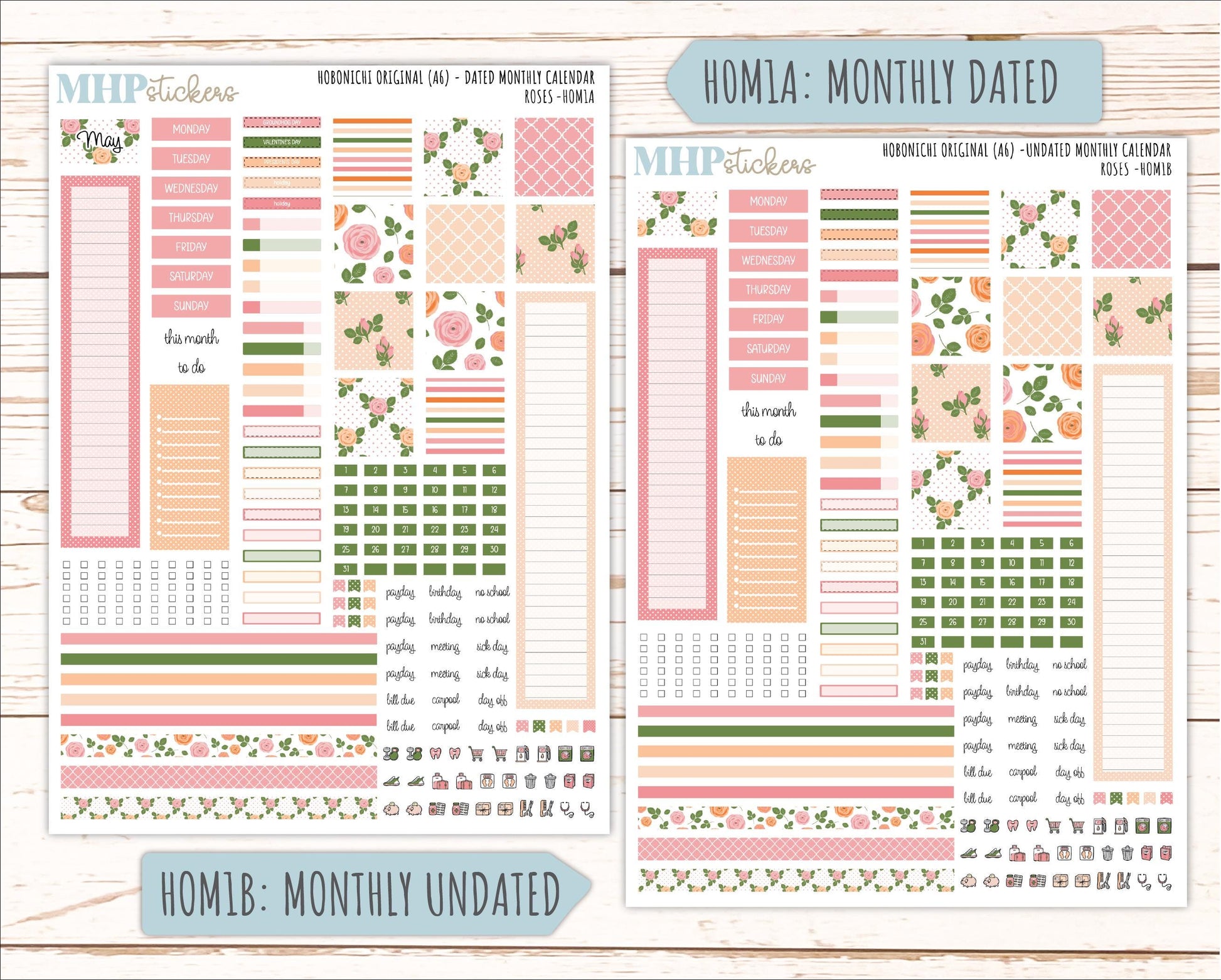 MAY 2026 Stickers for Hobonichi Techo Original. A6 Planners "Roses" || HO