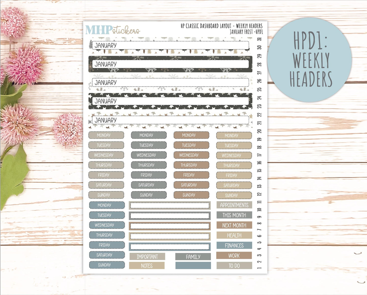 JANUARY Stickers for Happy Planner Classic Dashboard Layout. 2026 Collection. "January Frost" || HPDS