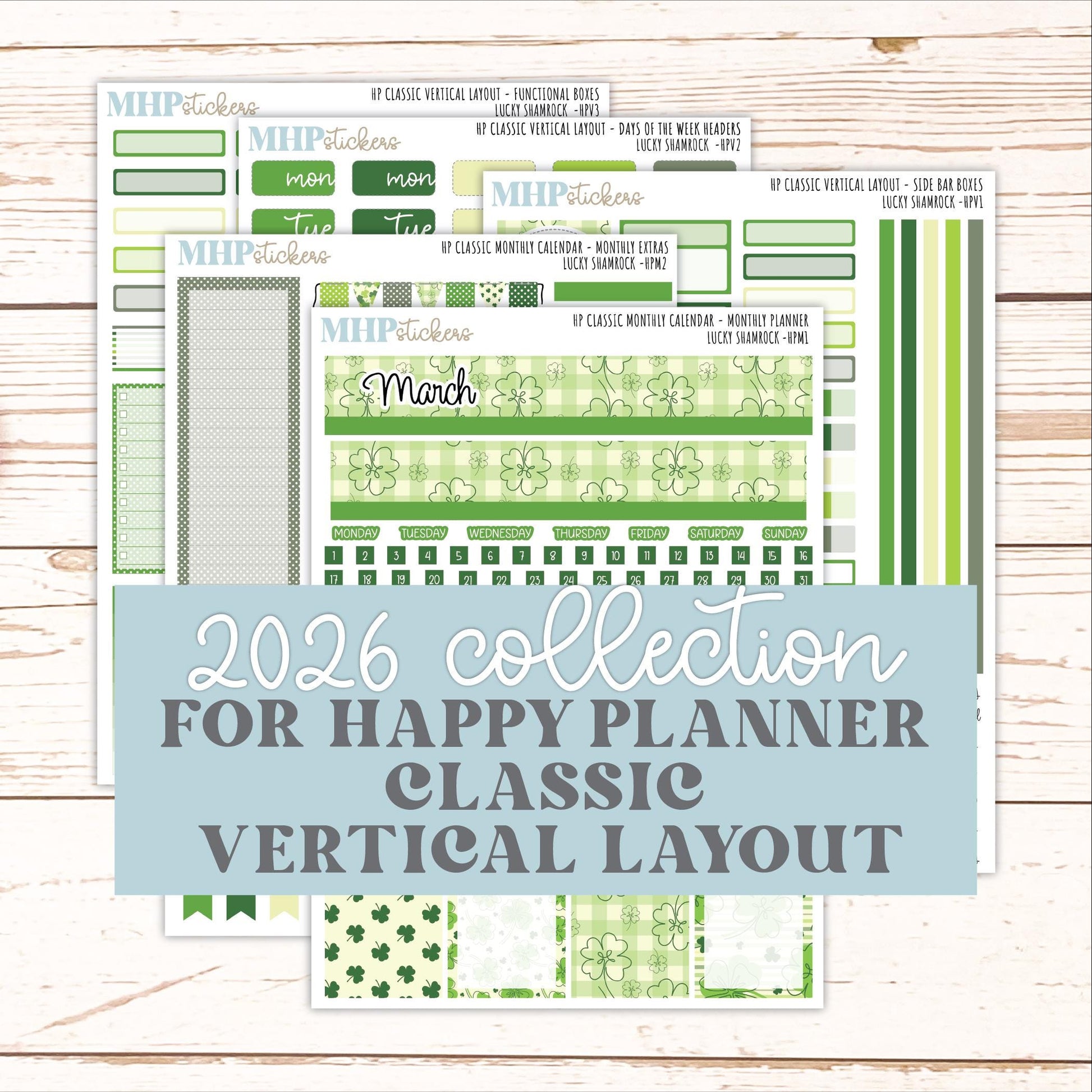 MARCH Stickers for Happy Planner Classic Vertical Layout. 2026 Collection. "Lucky Shamrock" || HPV