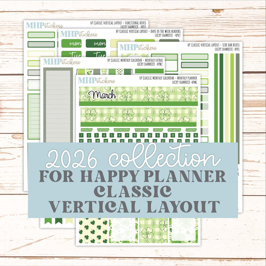 MARCH Stickers for Happy Planner Classic Vertical Layout. 2026 Collection. "Lucky Shamrock" || HPV