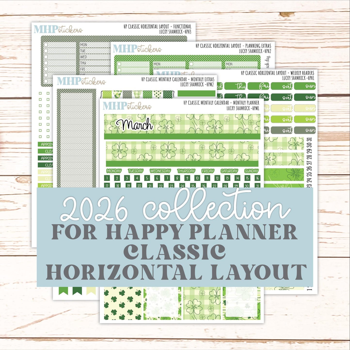 MARCH Stickers for Happy Planner Classic Horizontal Layout. 2026 Collection. "Lucky Shamrock" || HPH