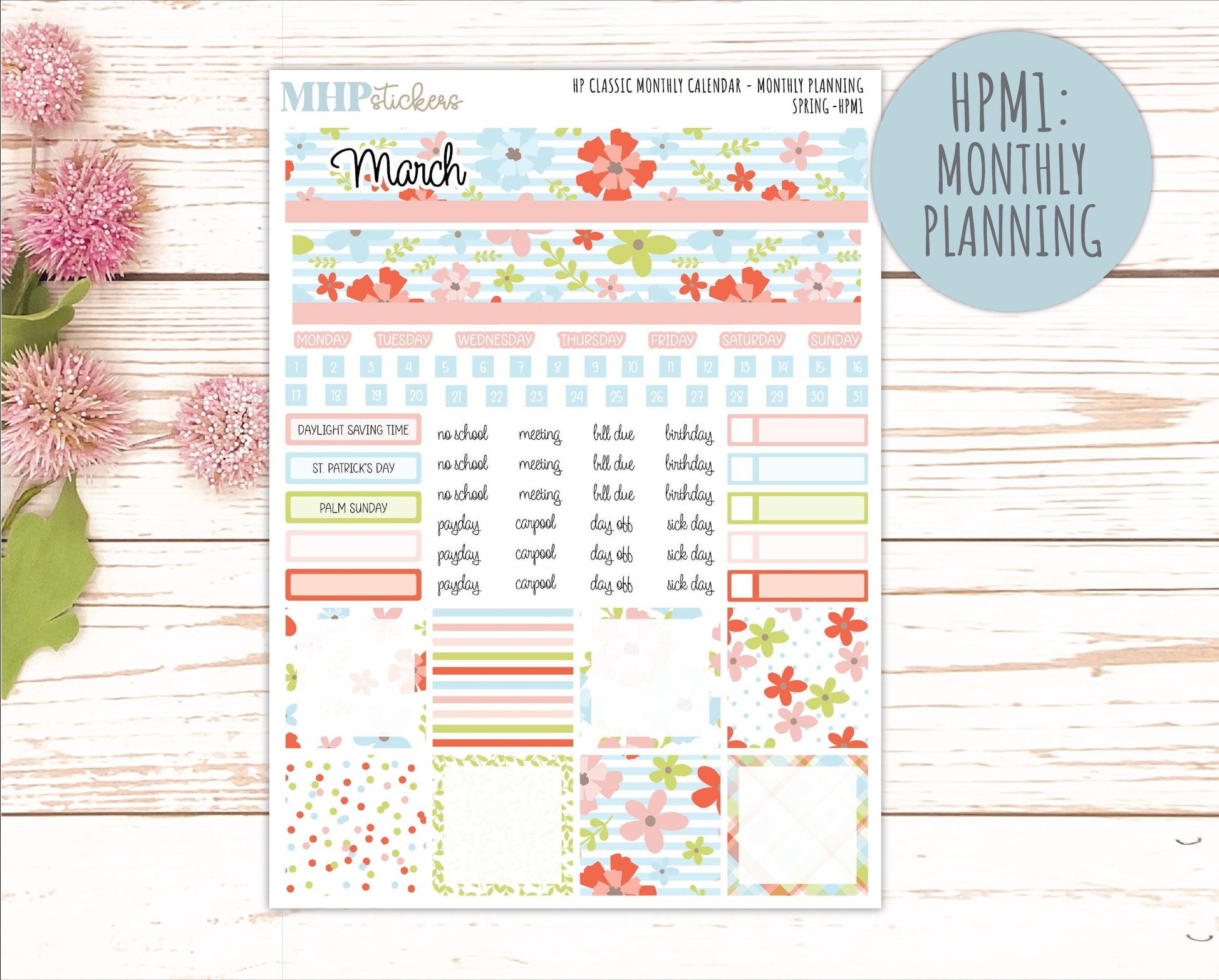 MARCH Stickers for Happy Planner Classic Horizontal Layout. 2026 Collection. "Spring" || HPH