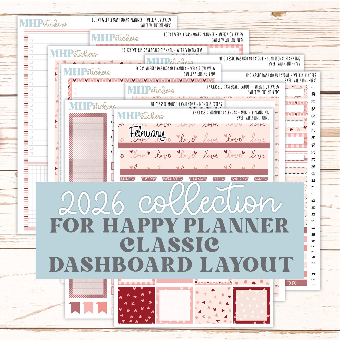 FEBRUARY Stickers for Happy Planner Classic Dashboard Layout. 2026 Collection. "Sweet Valentine" || HPD