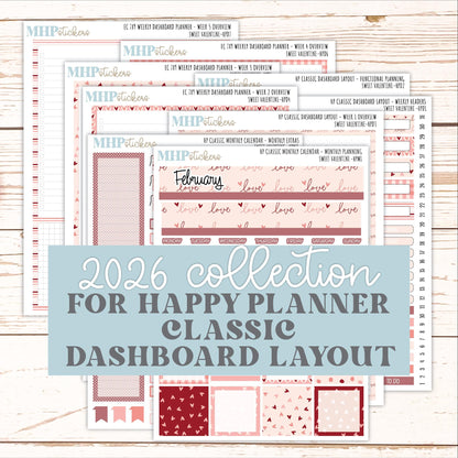 FEBRUARY Stickers for Happy Planner Classic Dashboard Layout. 2026 Collection. "Sweet Valentine" || HPD
