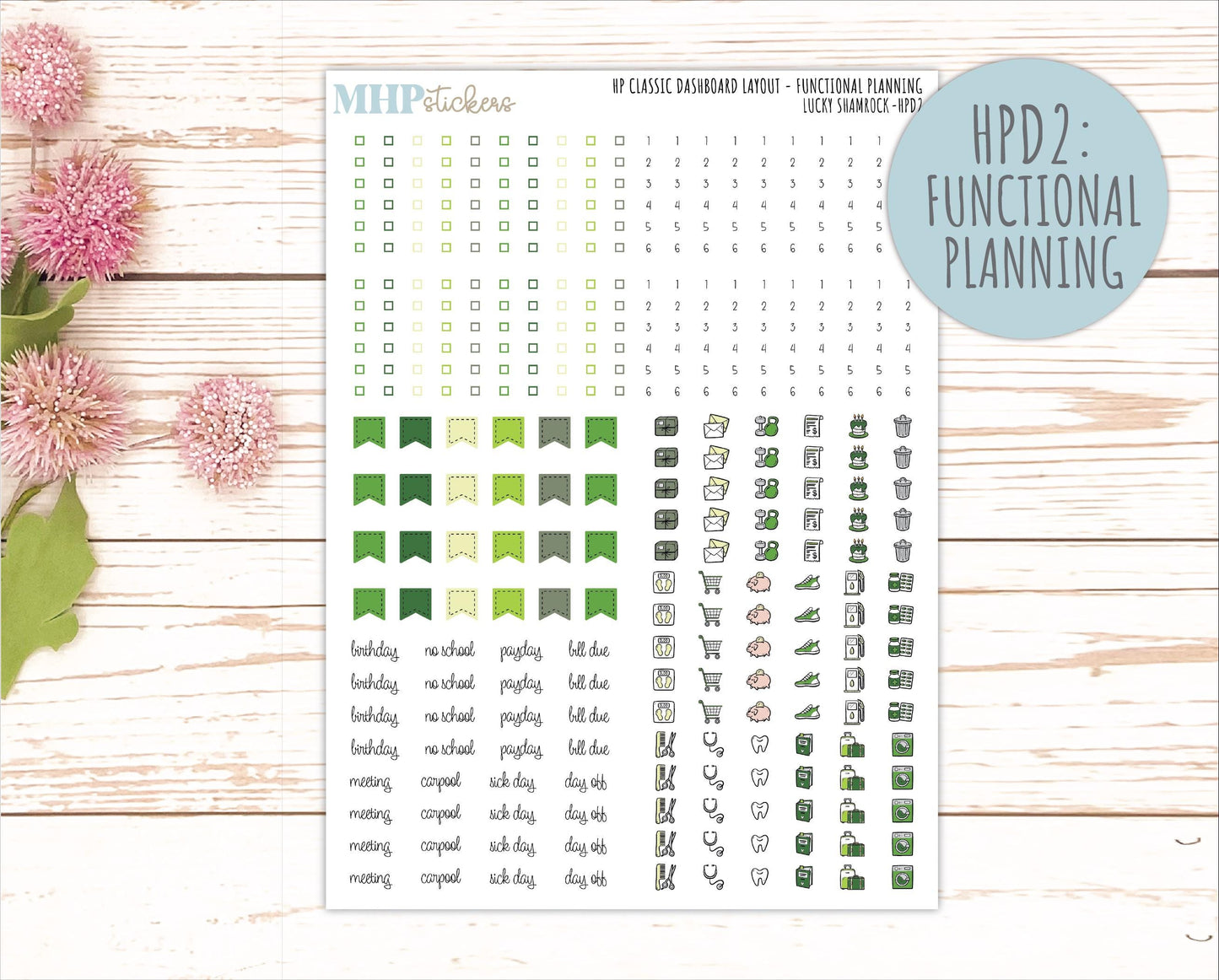 MARCH Stickers for Happy Planner Classic Dashboard Layout. 2026 Collection. "Lucky Shamrock" || HPD
