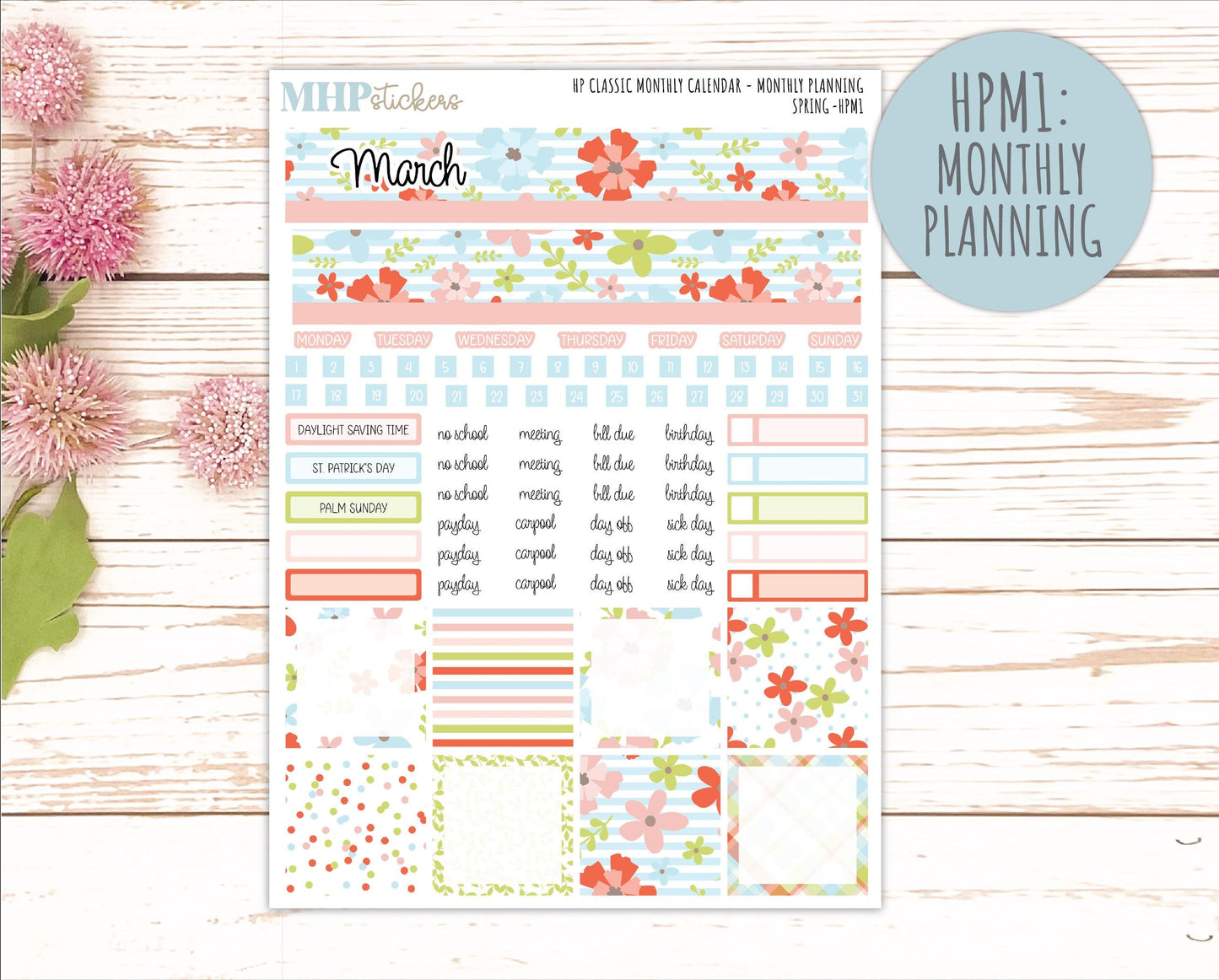 MARCH Stickers for Happy Planner Classic Dashboard Layout. 2026 Collection. "Spring" || HPD