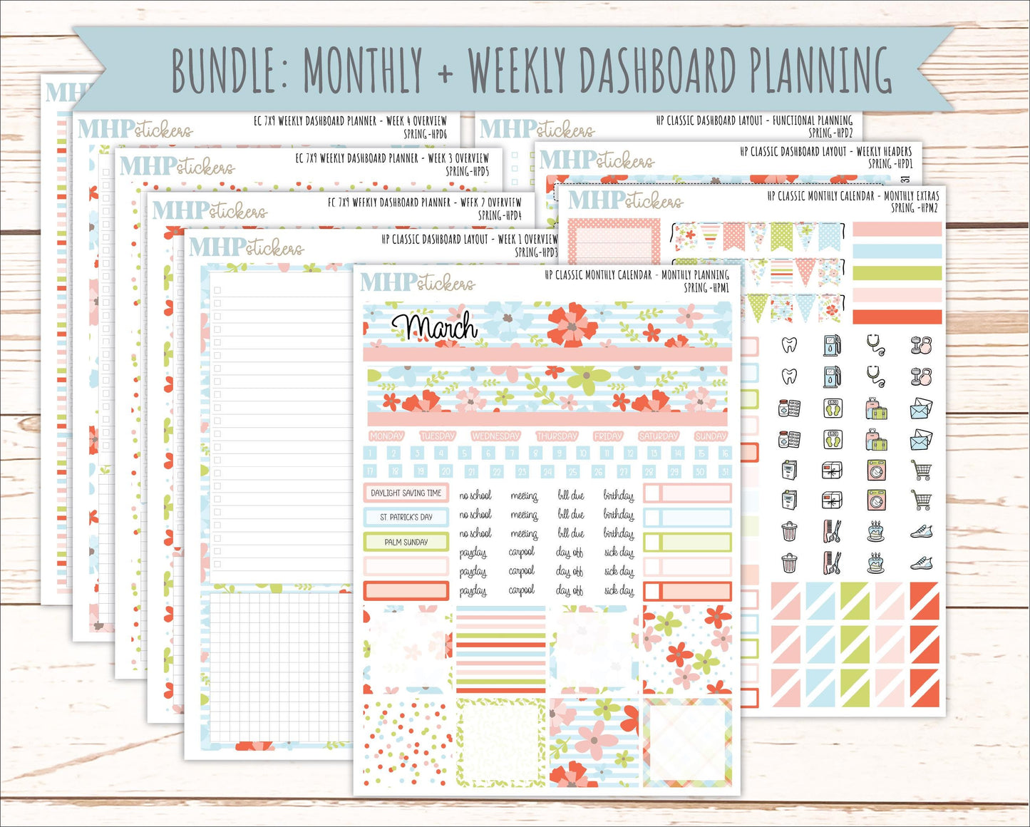 MARCH Stickers for Happy Planner Classic Dashboard Layout. 2026 Collection. "Spring" || HPD