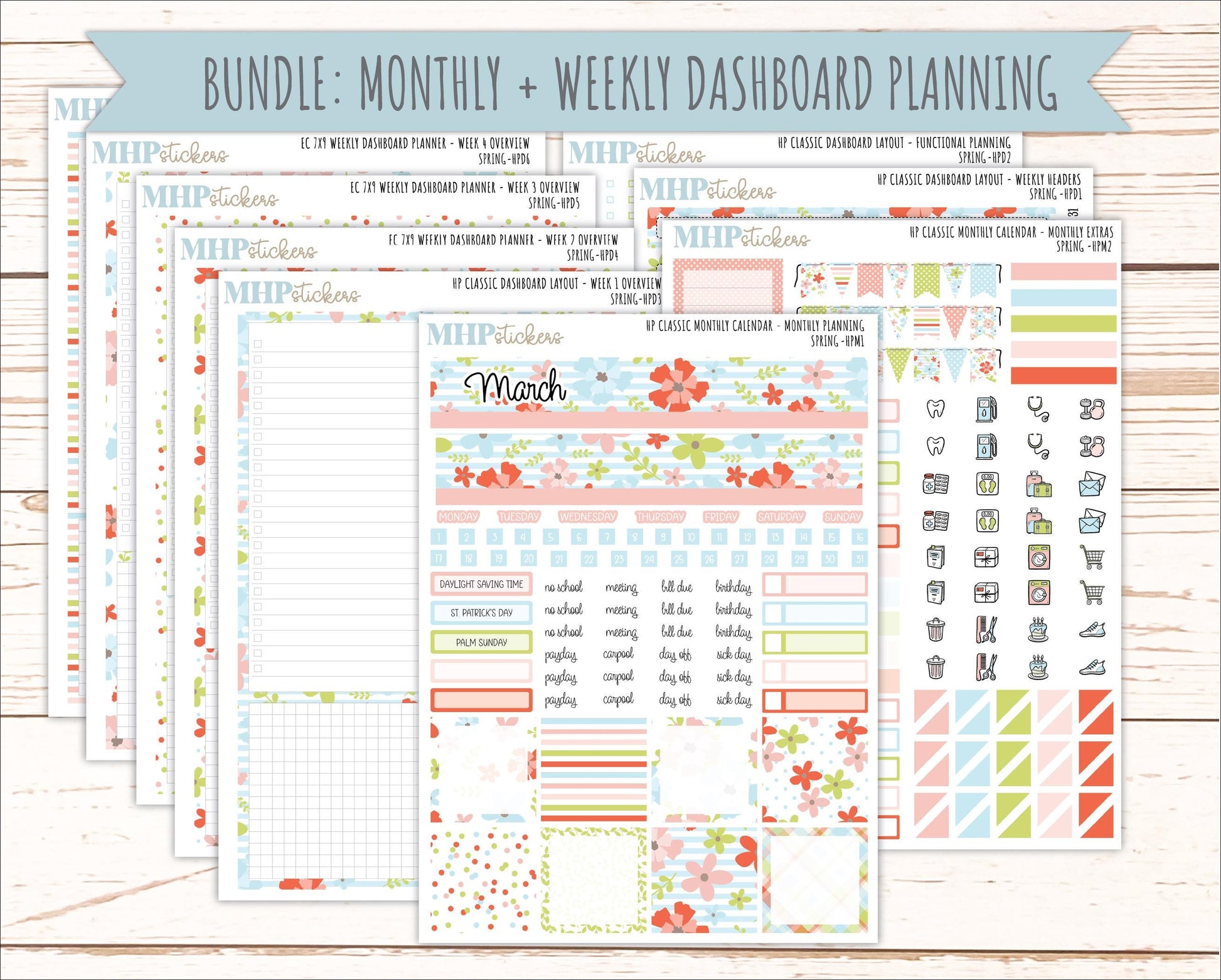 MARCH Stickers for Happy Planner Classic Dashboard Layout. 2026 Collection. "Spring" || HPD