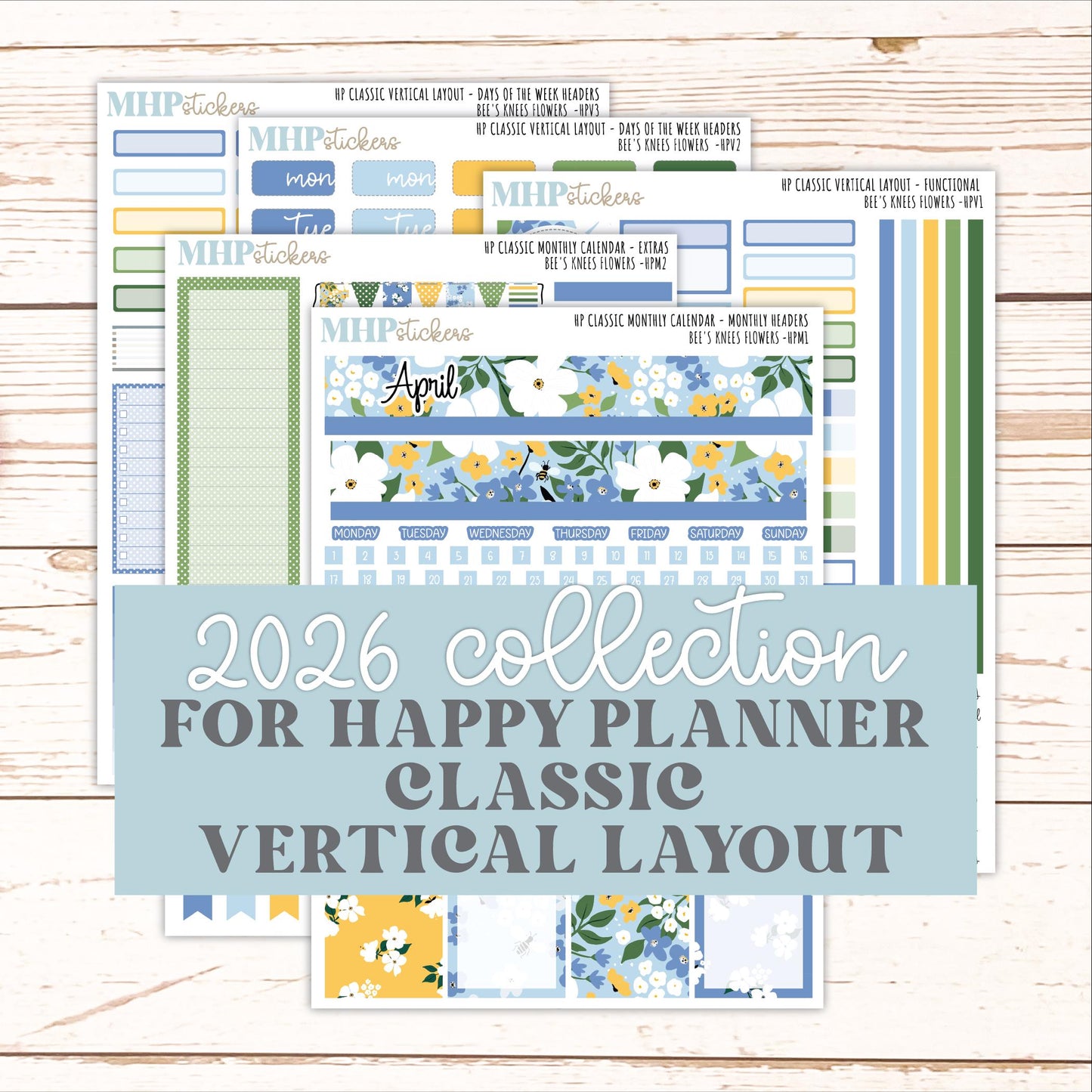 APRIL Stickers for Happy Planner Classic Vertical Layout. 2026 Collection. "Bee's Knees Flowers" || HPV