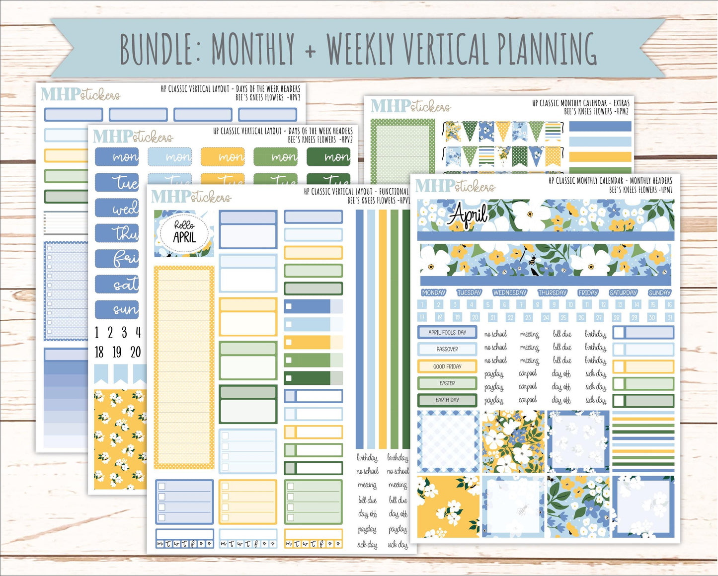 APRIL Stickers for Happy Planner Classic Vertical Layout. 2026 Collection. "Bee's Knees Flowers" || HPV