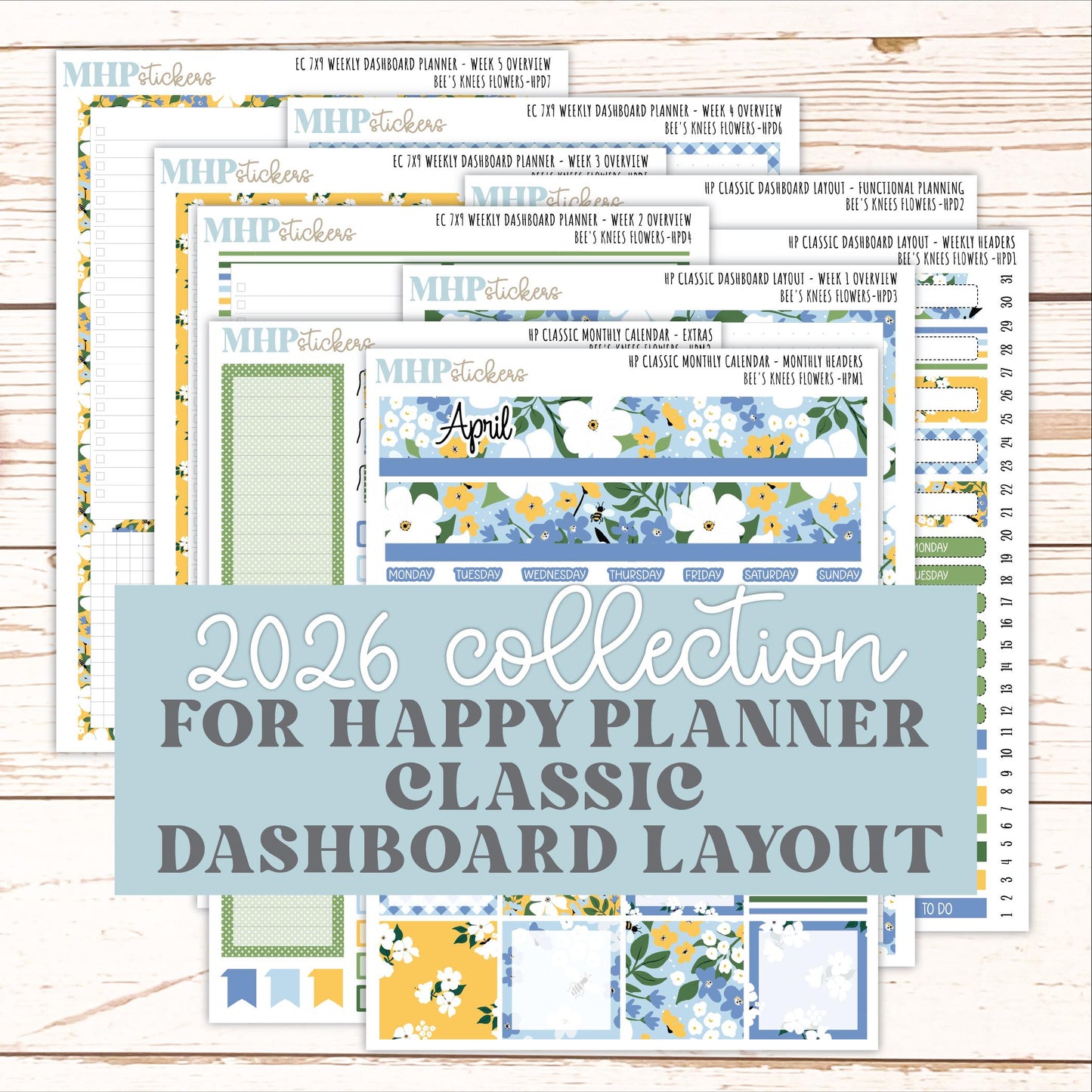 APRIL Stickers for Happy Planner Classic Dashboard Layout. 2026 Collection. "Bee's Knees Flowers" || HPD
