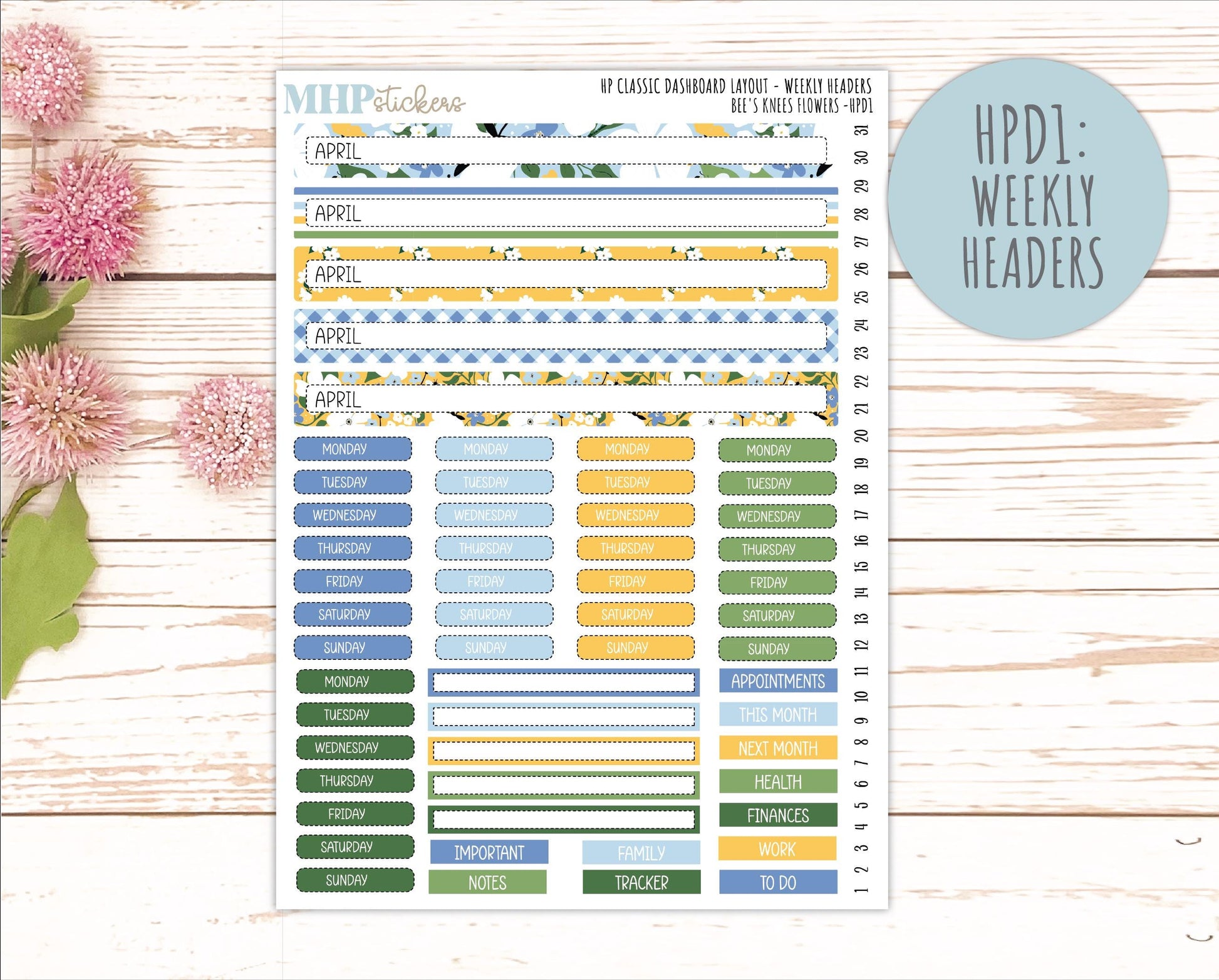 APRIL Stickers for Happy Planner Classic Dashboard Layout. 2026 Collection. "Bee's Knees Flowers" || HPD