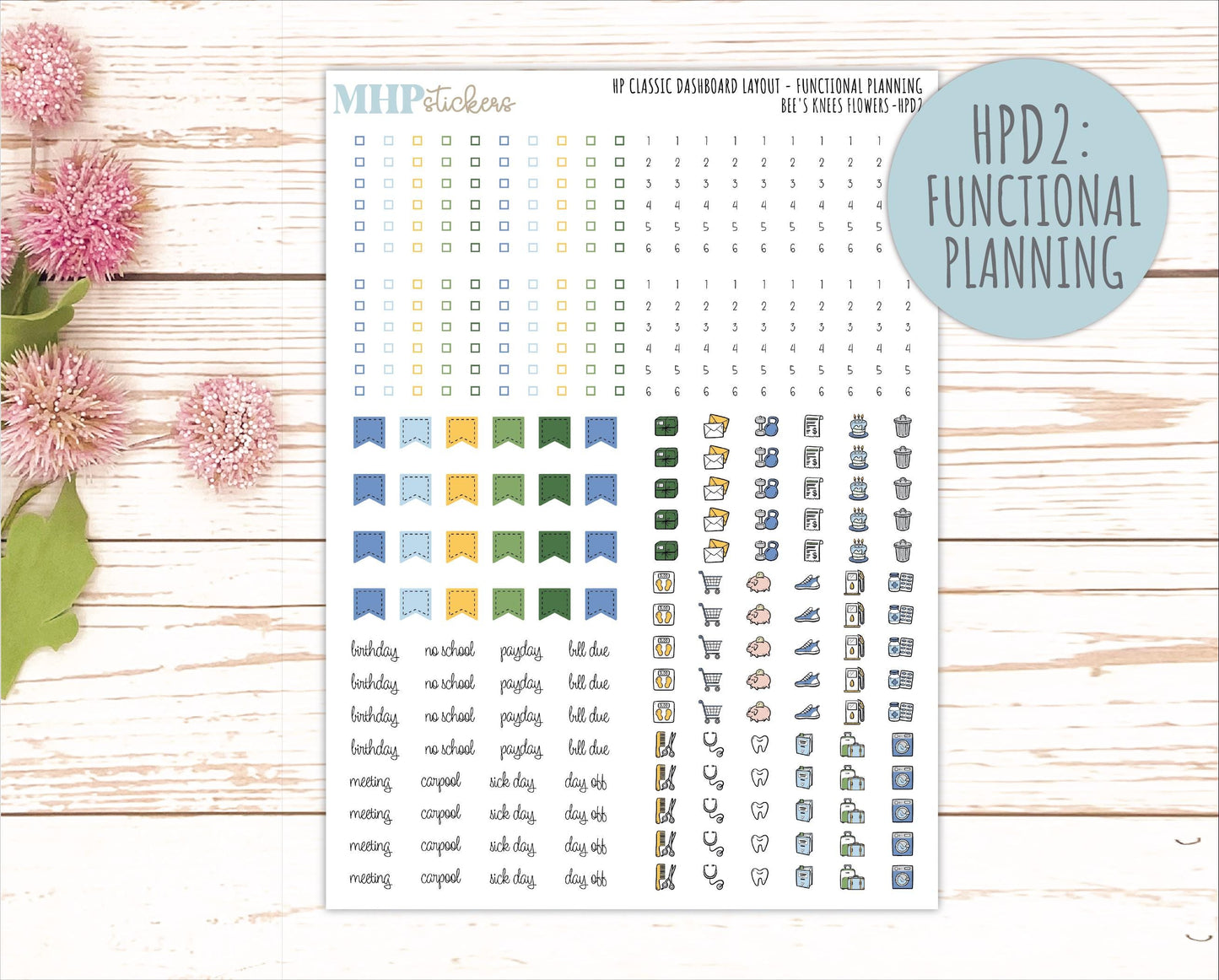 APRIL Stickers for Happy Planner Classic Dashboard Layout. 2026 Collection. "Bee's Knees Flowers" || HPD