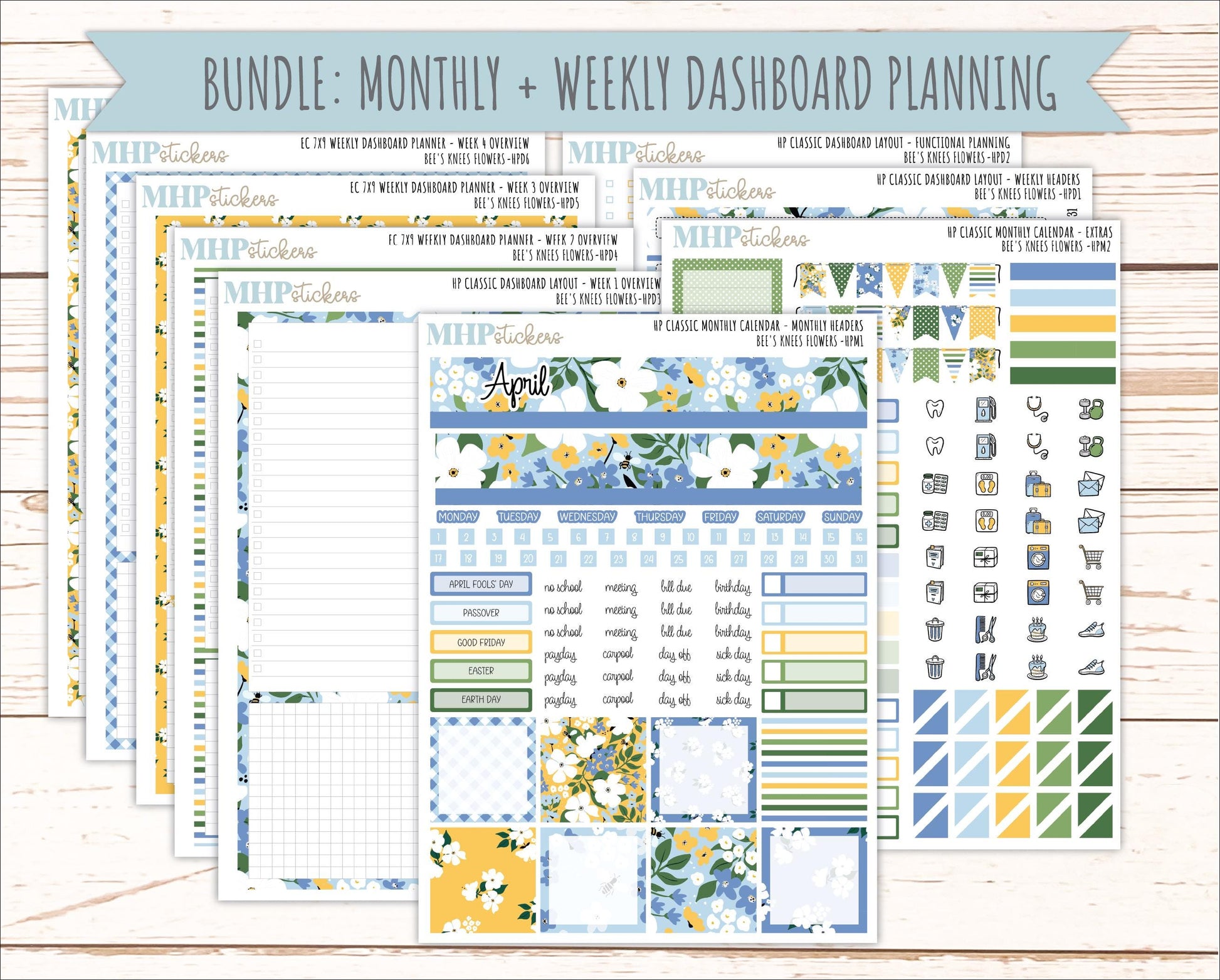 APRIL Stickers for Happy Planner Classic Dashboard Layout. 2026 Collection. "Bee's Knees Flowers" || HPD
