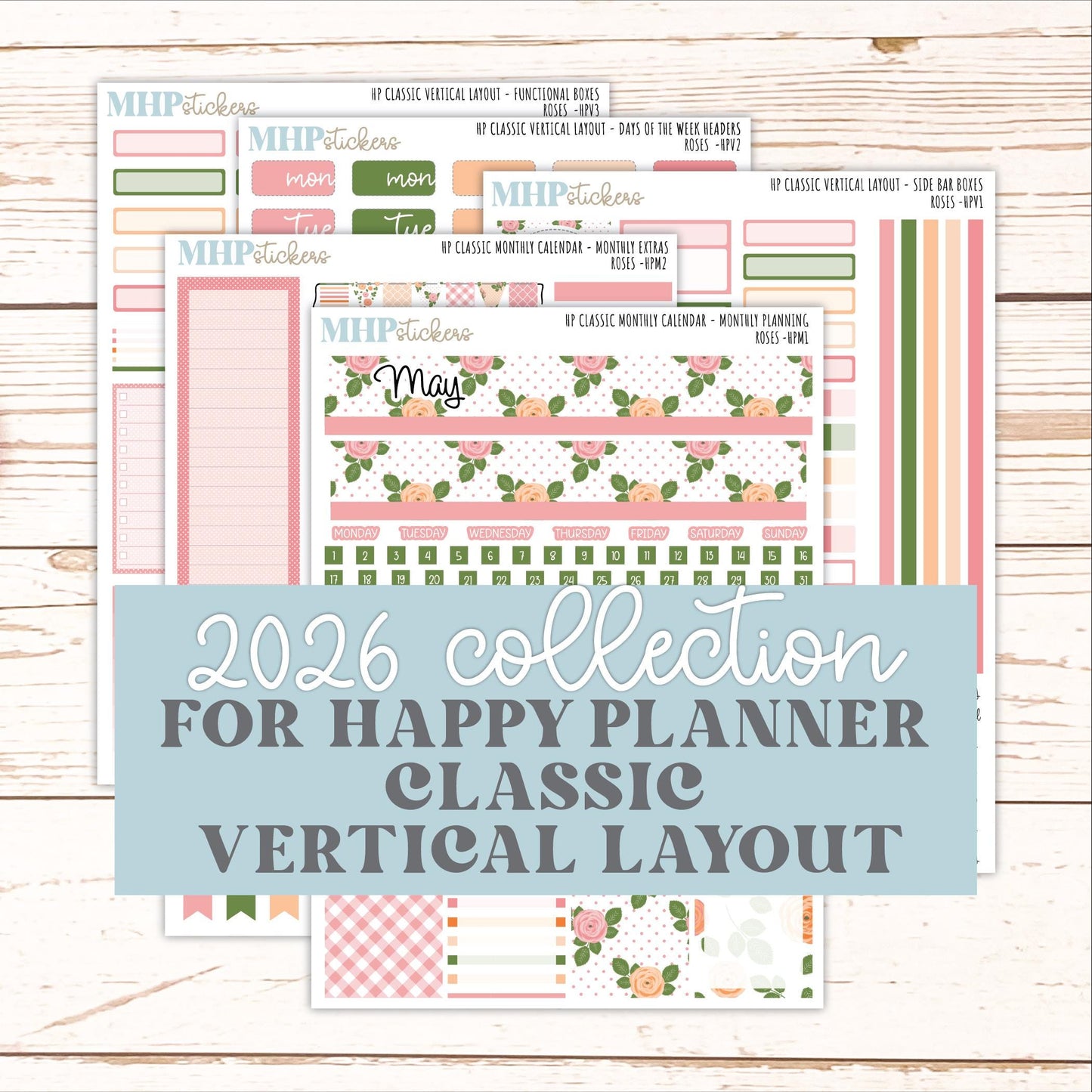 MAY Stickers for Happy Planner Classic Vertical Layout. 2026 Collection. "Roses" || HPV