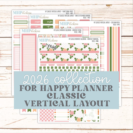 MAY Stickers for Happy Planner Classic Vertical Layout. 2026 Collection. "Roses" || HPV