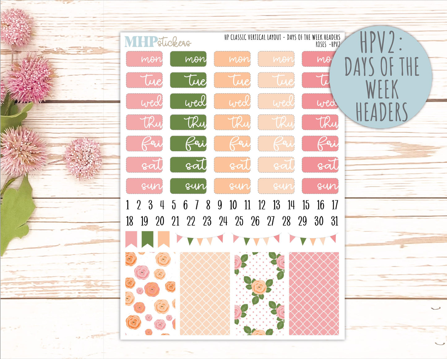 MAY Stickers for Happy Planner Classic Vertical Layout. 2026 Collection. "Roses" || HPV