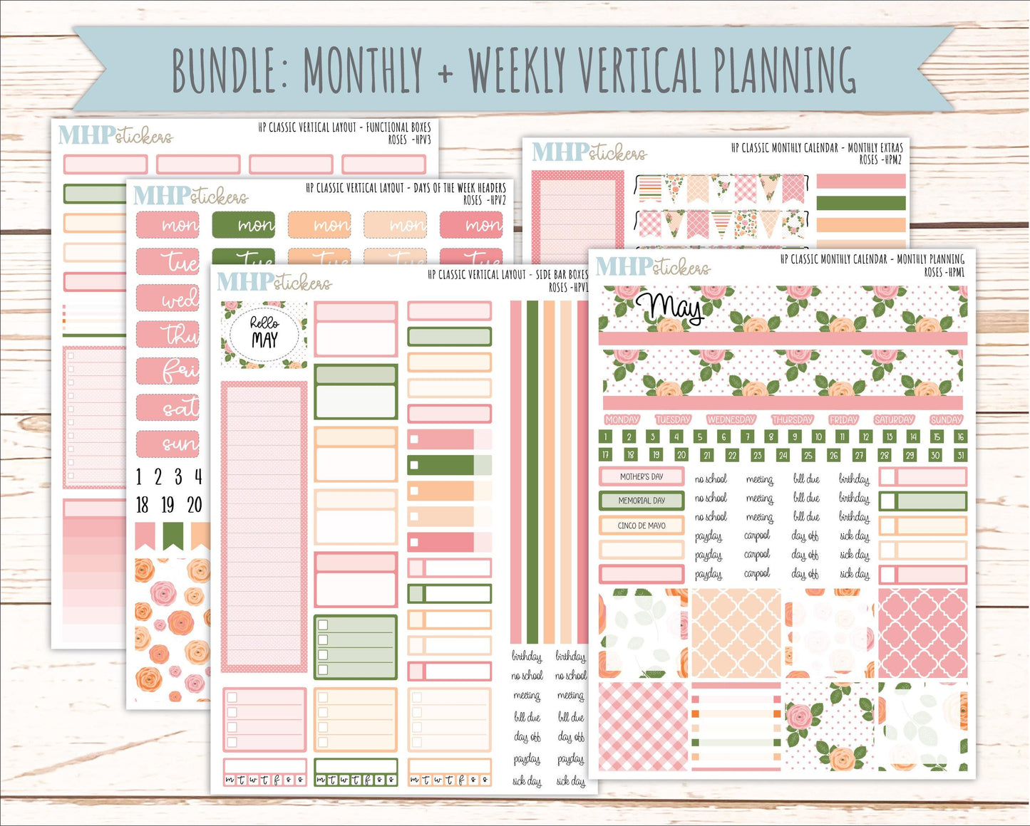 MAY Stickers for Happy Planner Classic Vertical Layout. 2026 Collection. "Roses" || HPV