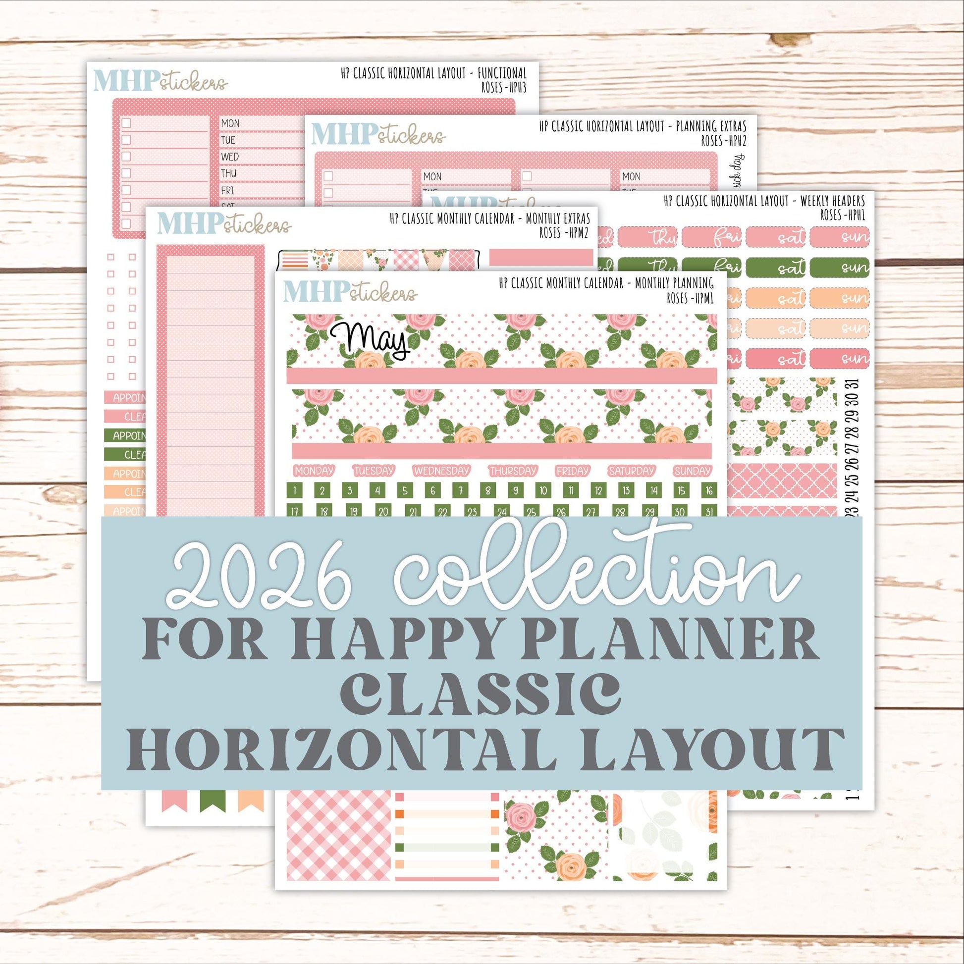 MAY Stickers for Happy Planner Classic Horizontal Layout. 2026 Collection. "Roses" || HPH