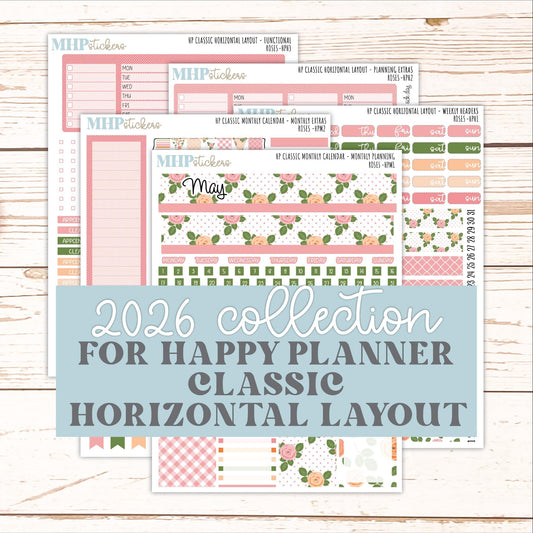 MAY Stickers for Happy Planner Classic Horizontal Layout. 2026 Collection. "Roses" || HPH