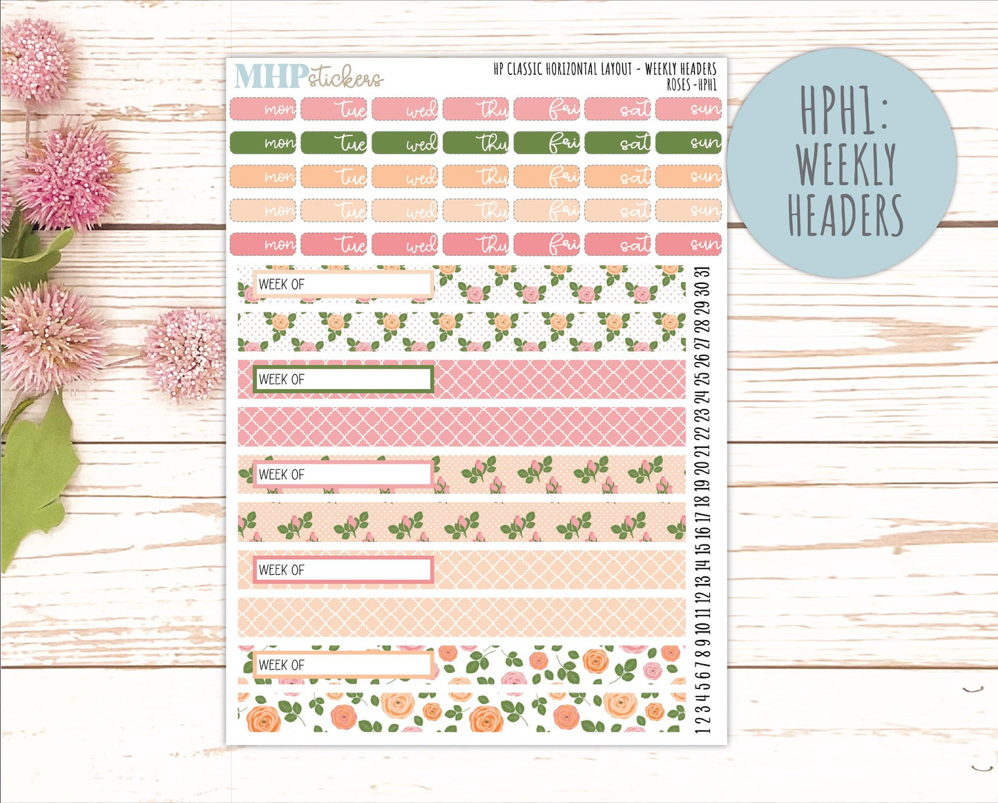 MAY Stickers for Happy Planner Classic Horizontal Layout. 2026 Collection. "Roses" || HPH