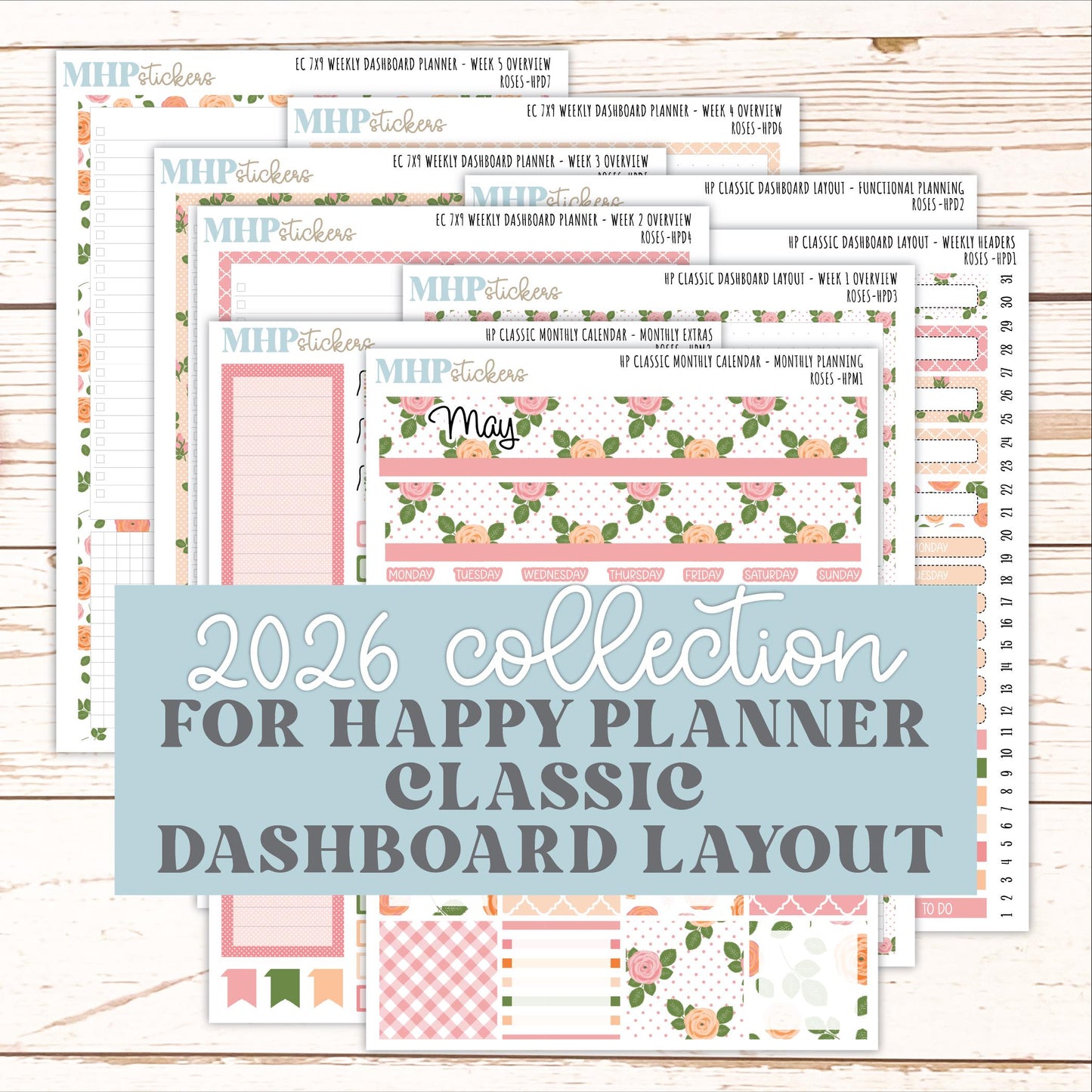 MAY Stickers for Happy Planner Classic Dashboard Layout. 2026 Collection. "Roses" || HPD