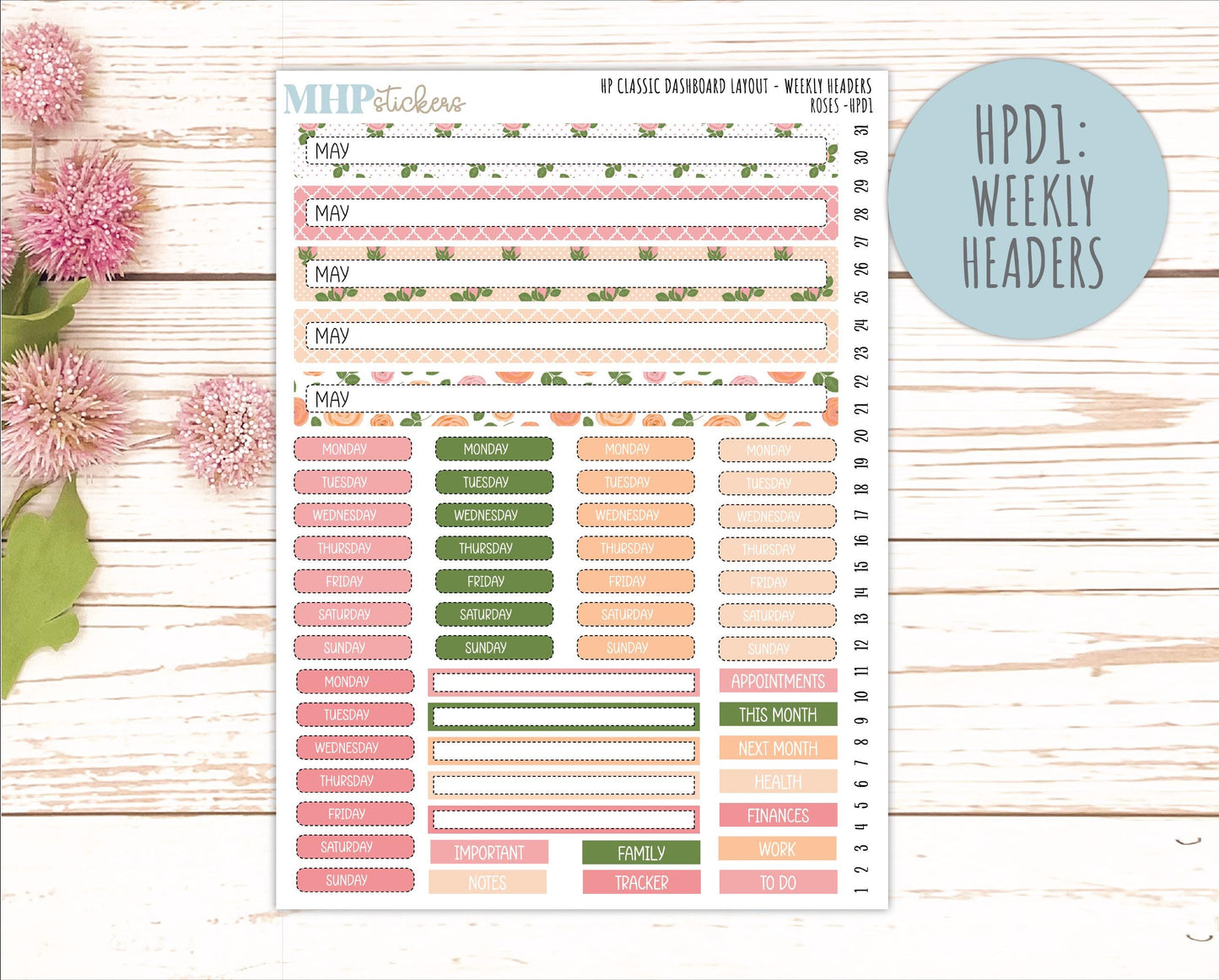 MAY Stickers for Happy Planner Classic Dashboard Layout. 2026 Collection. "Roses" || HPD