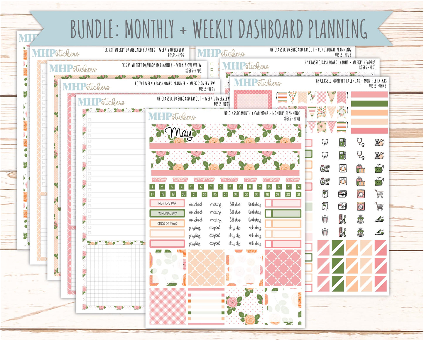 MAY Stickers for Happy Planner Classic Dashboard Layout. 2026 Collection. "Roses" || HPD