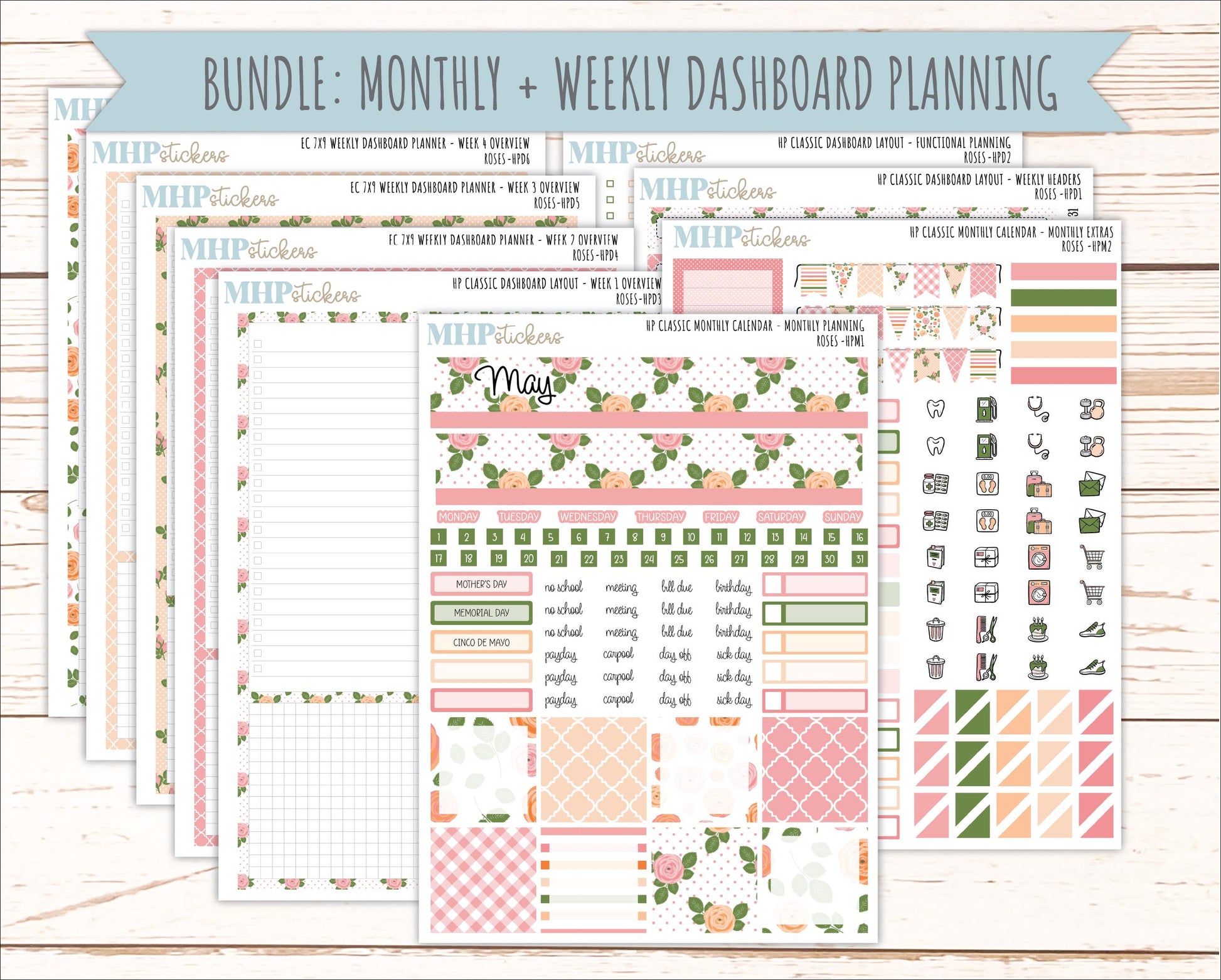 MAY Stickers for Happy Planner Classic Dashboard Layout. 2026 Collection. "Roses" || HPD