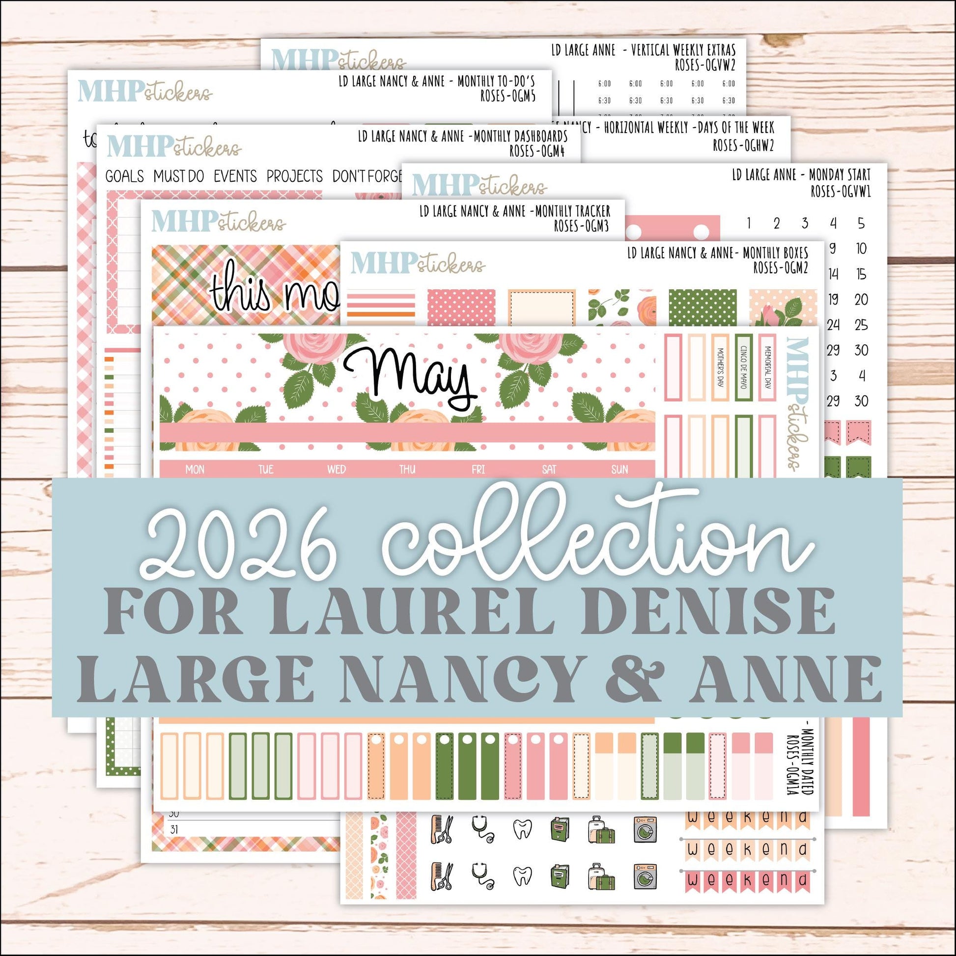 MAY 2026 Stickers for Large Nancy & Anne Planners for Laurel Denise Planners. "Roses" || OG