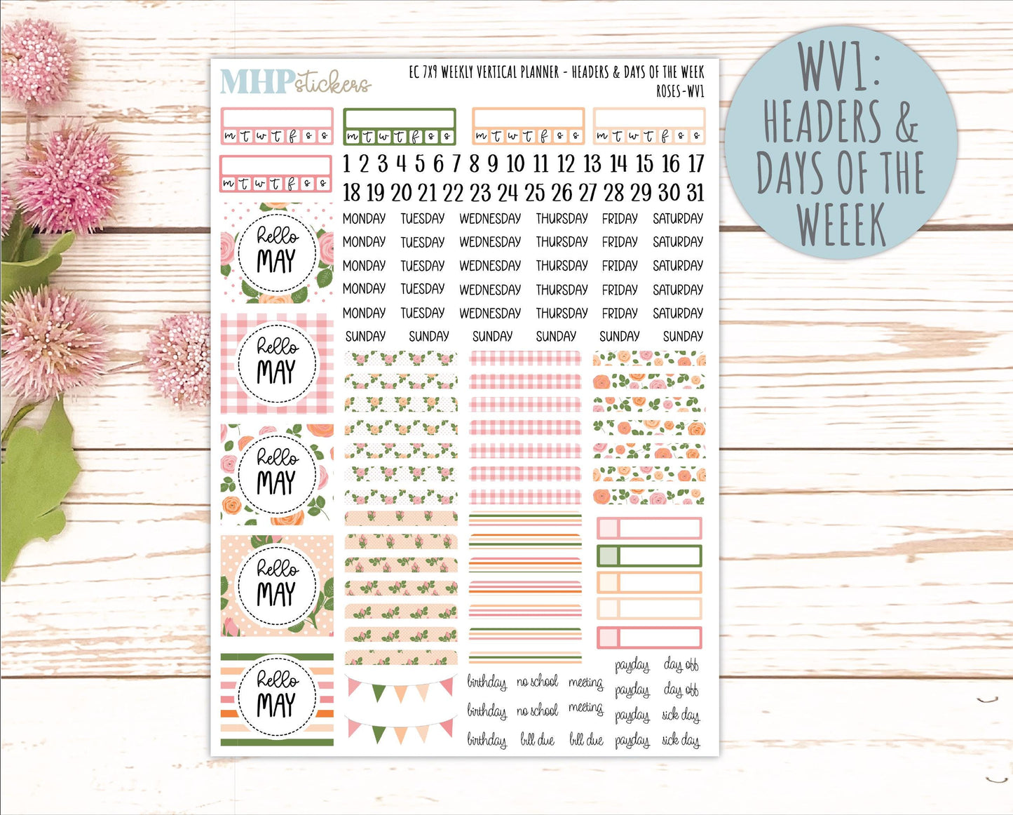 MAY Weekly Vertical Kits for 7x9 Erin Condren Planners. 2026 Collection "Roses" || ECWV