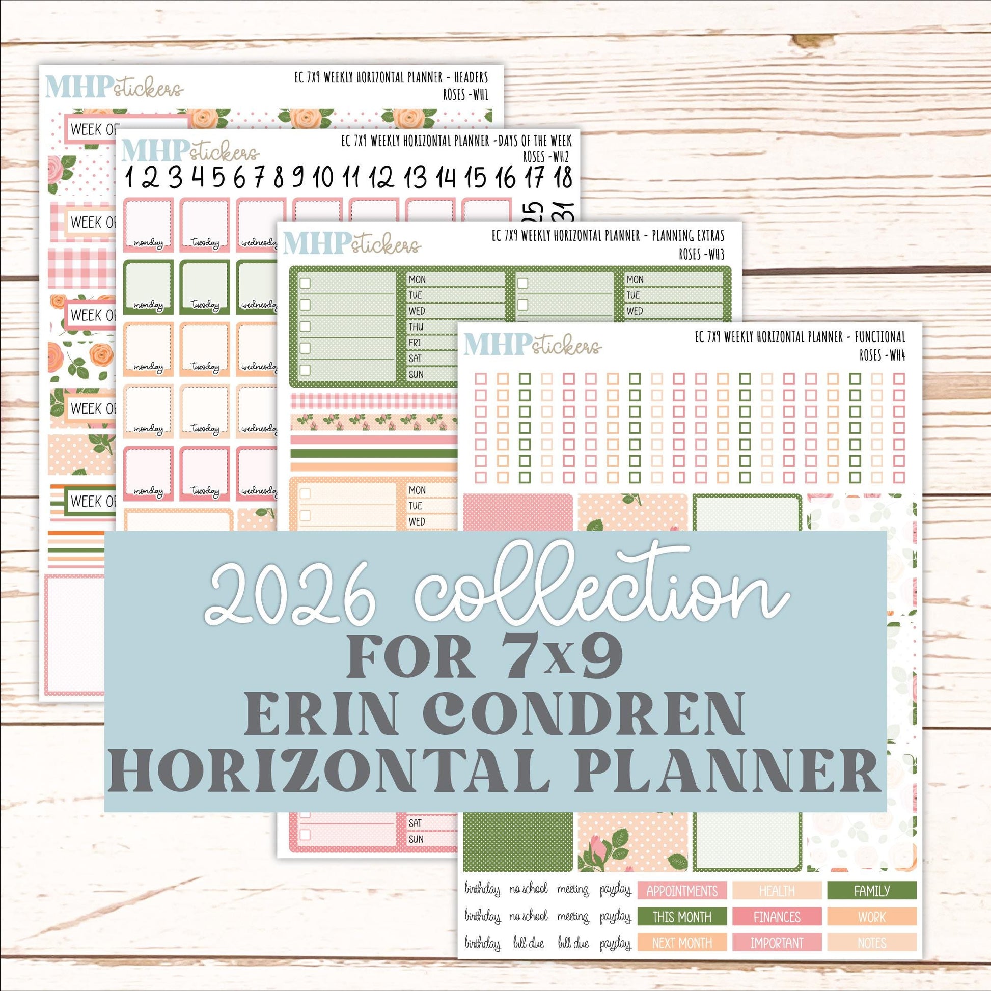 MAY Weekly Horizontal Planning Kit for 7x9 Erin Condren Planners. 2026 Collection "Roses" || ECWH