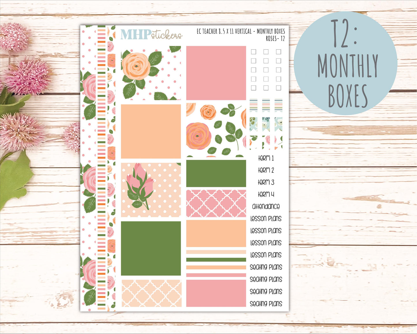 MAY Stickers for EC Teacher Lesson Planner - Vertical Layout. 2026 Collection "Roses" || ECTV