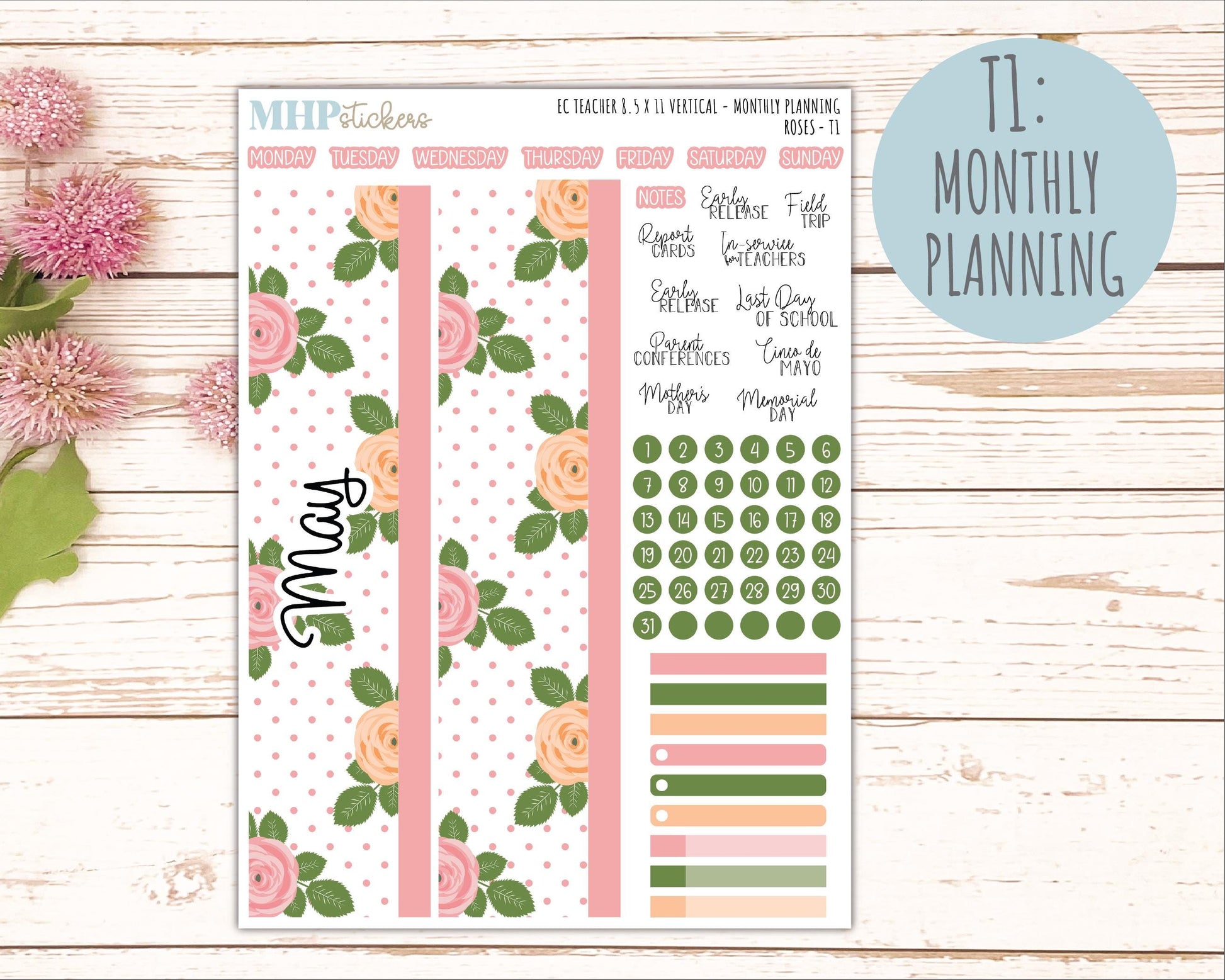 MAY Stickers for EC Teacher Lesson Planner - Vertical Layout. 2026 Collection "Roses" || ECTV