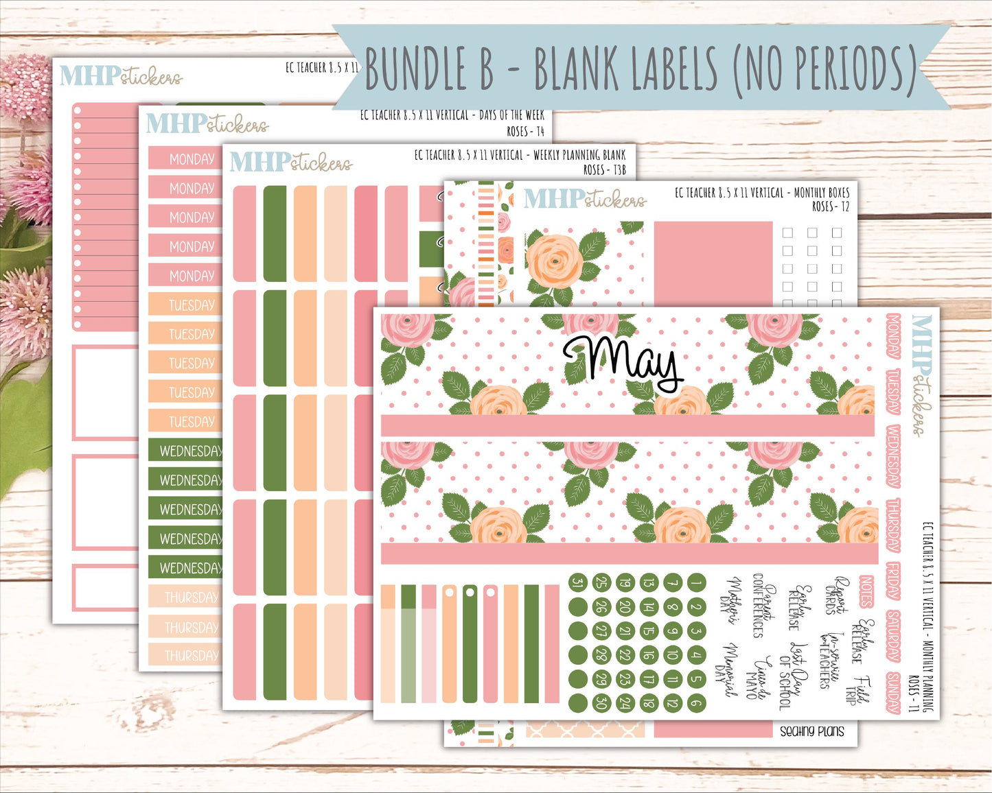 MAY Stickers for EC Teacher Lesson Planner - Vertical Layout. 2026 Collection "Roses" || ECTV