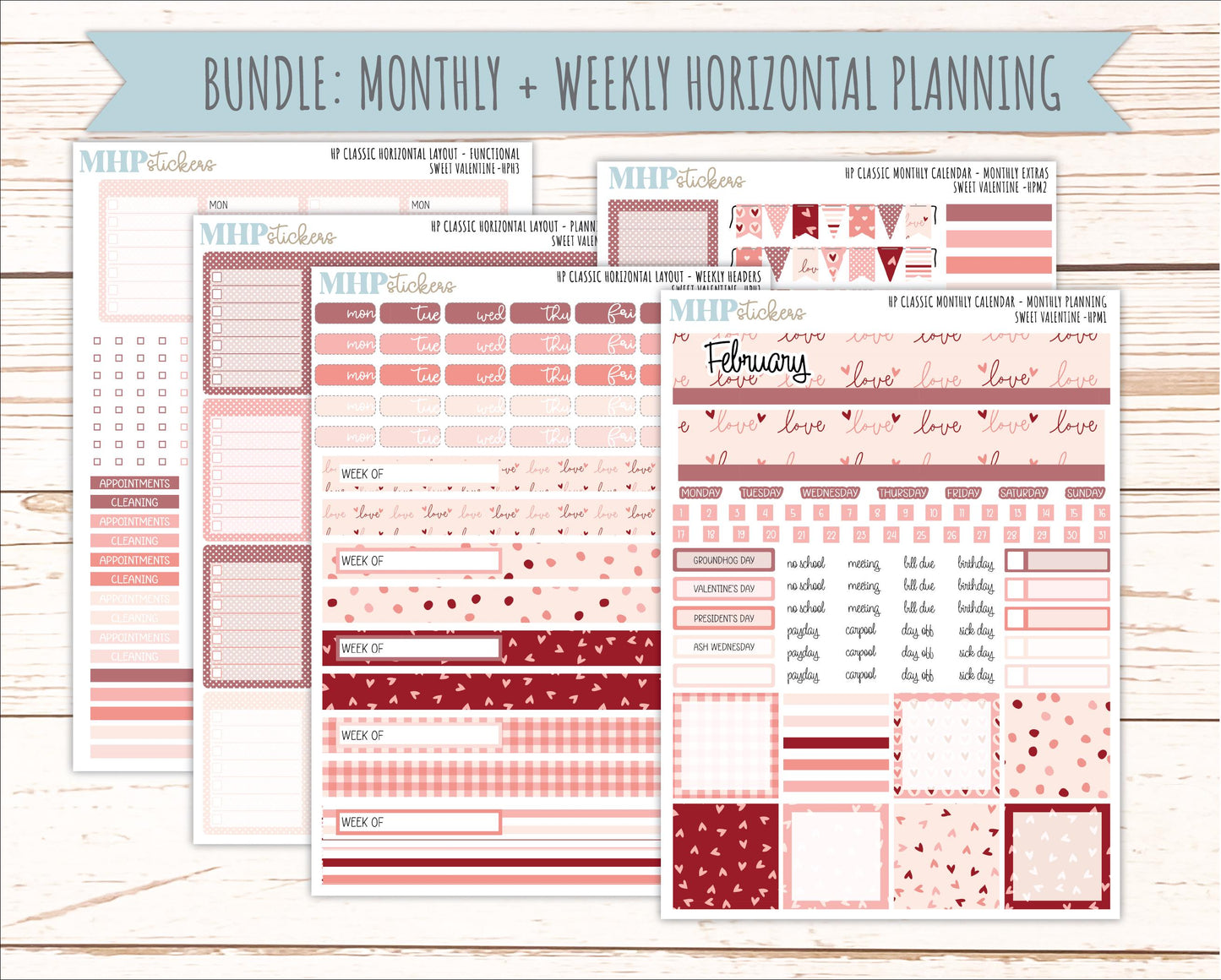 FEBRUARY Stickers for Happy Planner Classic Horizontal Layout. 2026 Collection. "Sweet Valentine" || HPH