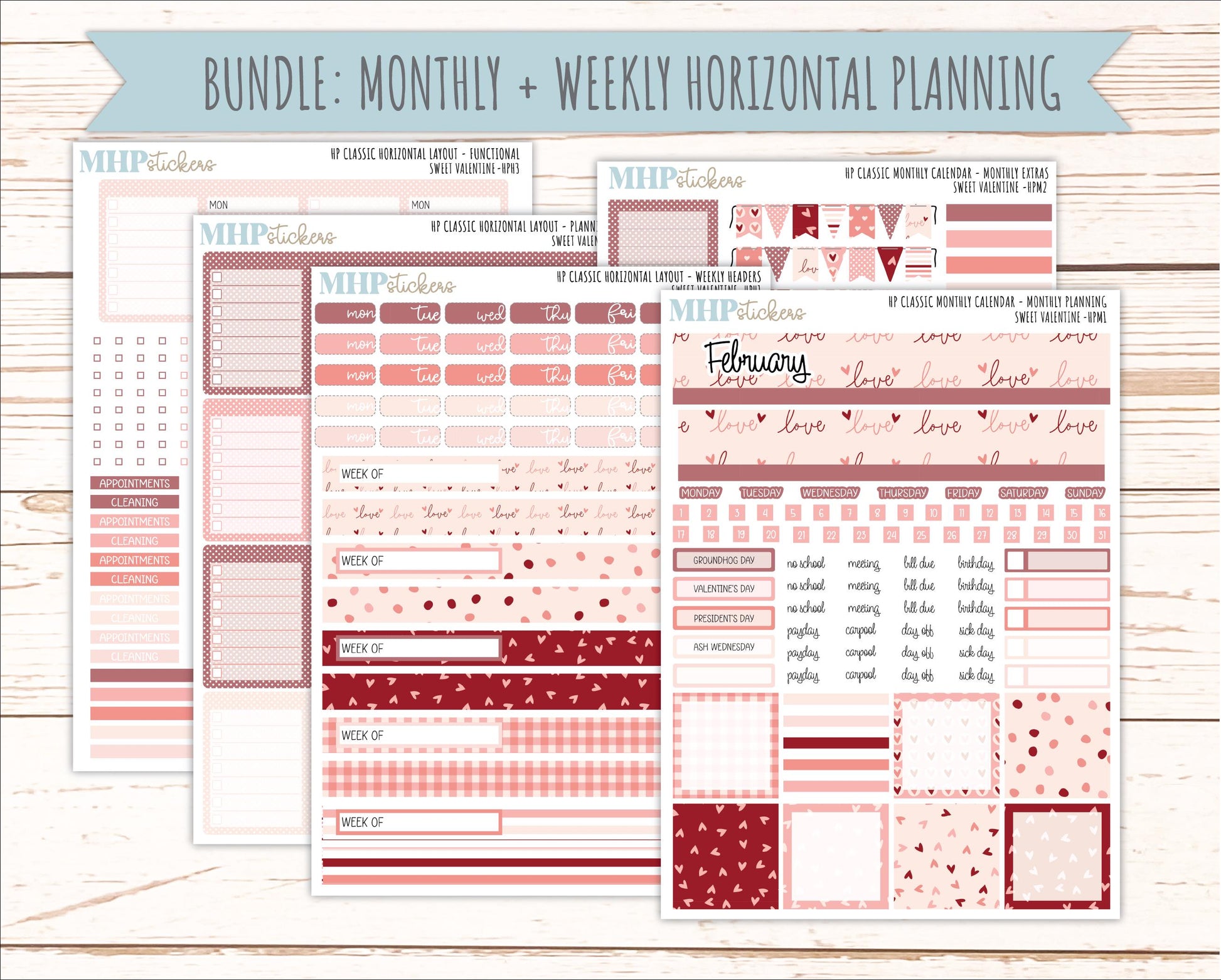 FEBRUARY Stickers for Happy Planner Classic Horizontal Layout. 2026 Collection. "Sweet Valentine" || HPH