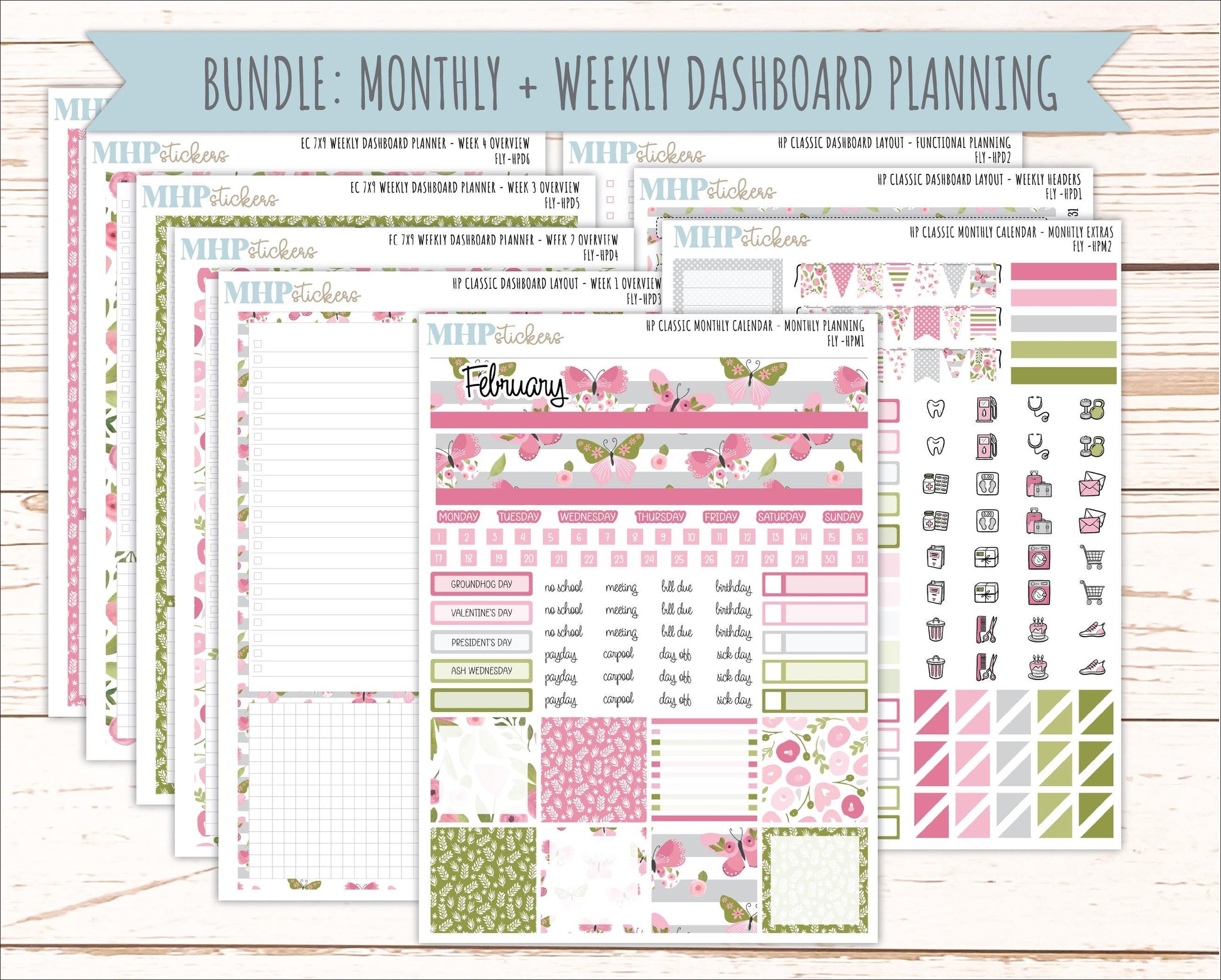 FEBRUARY Stickers for Happy Planner Classic Dashboard Layout. 2026 Collection. "Fly" || HPD