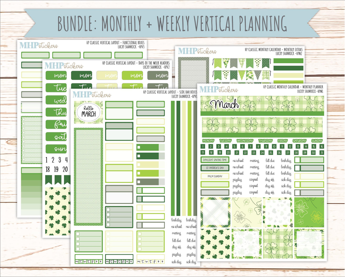 MARCH Stickers for Happy Planner Classic Vertical Layout. 2026 Collection. "Lucky Shamrock" || HPV