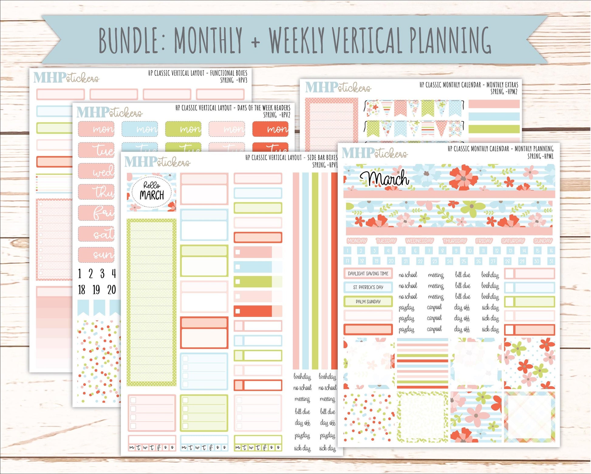 MARCH Stickers for Happy Planner Classic Vertical Layout. 2026 Collection. "Spring" || HPV