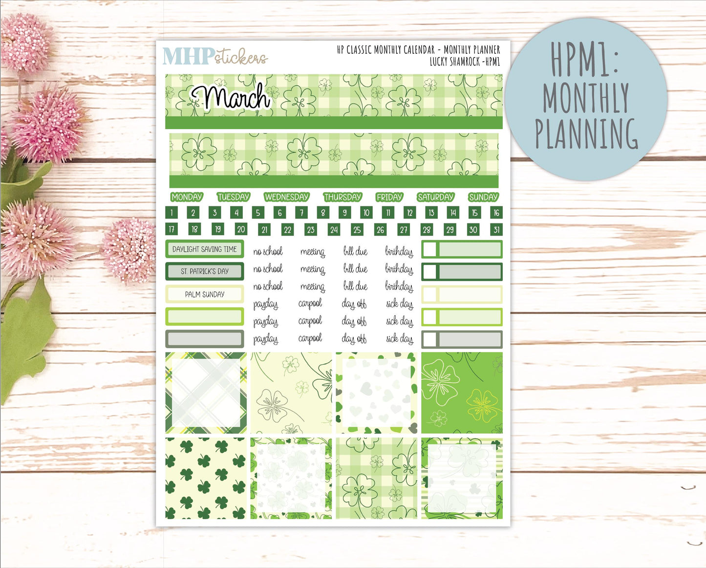 MARCH Stickers for Happy Planner Classic Horizontal Layout. 2026 Collection. "Lucky Shamrock" || HPH