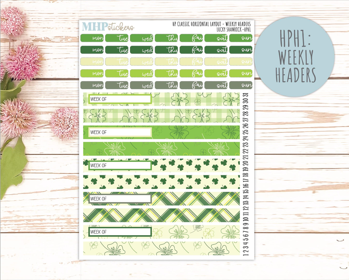MARCH Stickers for Happy Planner Classic Horizontal Layout. 2026 Collection. "Lucky Shamrock" || HPH