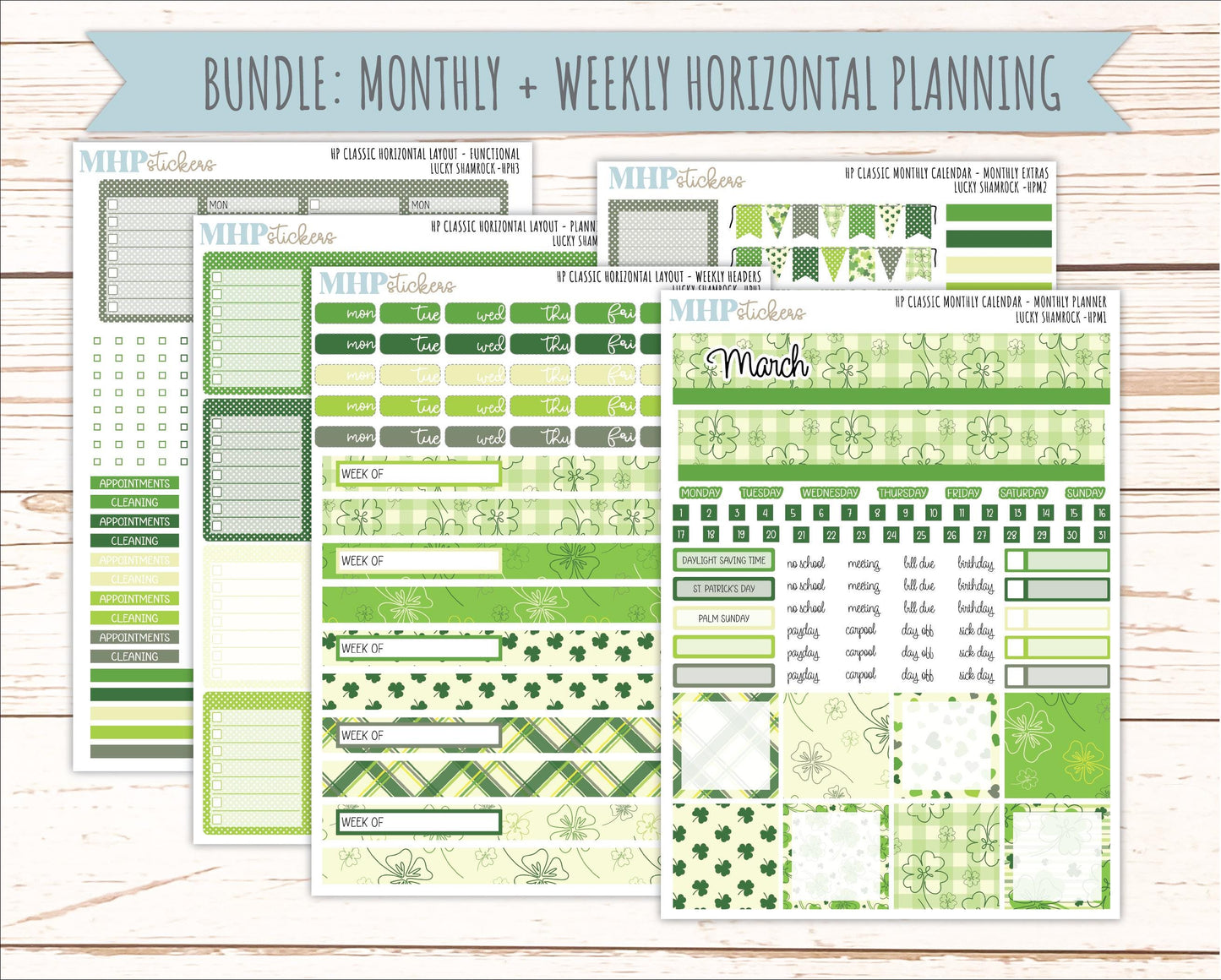 MARCH Stickers for Happy Planner Classic Horizontal Layout. 2026 Collection. "Lucky Shamrock" || HPH
