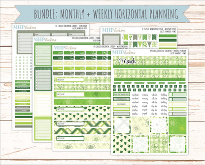MARCH Stickers for Happy Planner Classic Horizontal Layout. 2026 Collection. "Lucky Shamrock" || HPH
