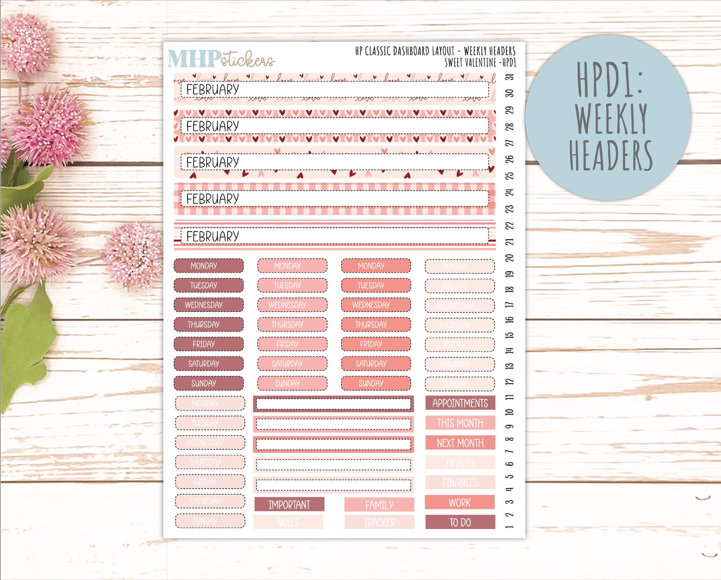 FEBRUARY Stickers for Happy Planner Classic Dashboard Layout. 2026 Collection. "Sweet Valentine" || HPD
