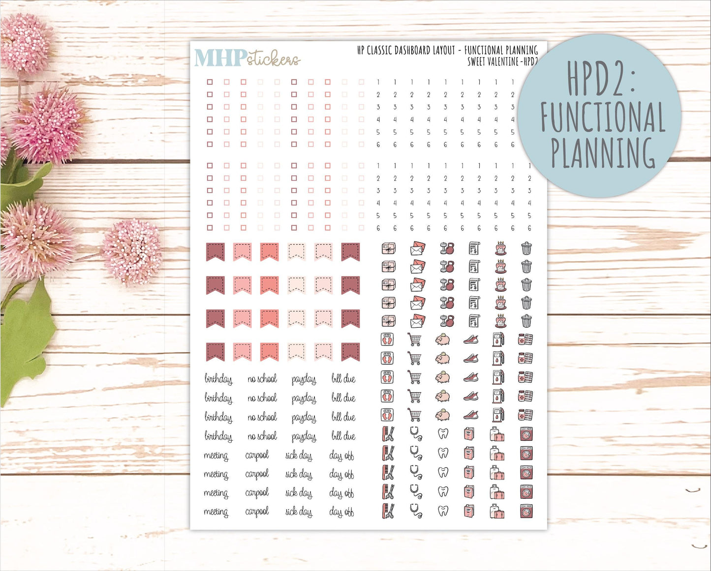 FEBRUARY Stickers for Happy Planner Classic Dashboard Layout. 2026 Collection. "Sweet Valentine" || HPD